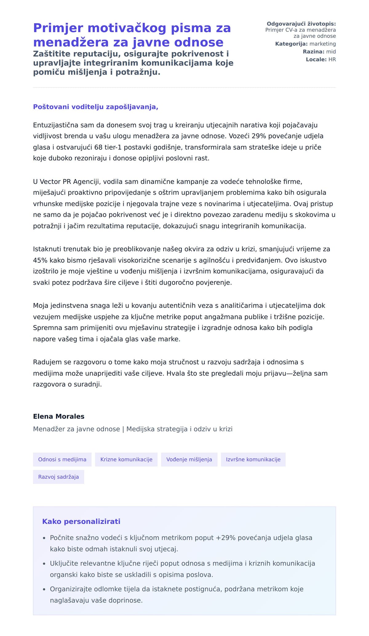 Pregled motivacijskog pisma za Primjer motivačkog pisma za menadžera za javne odnose