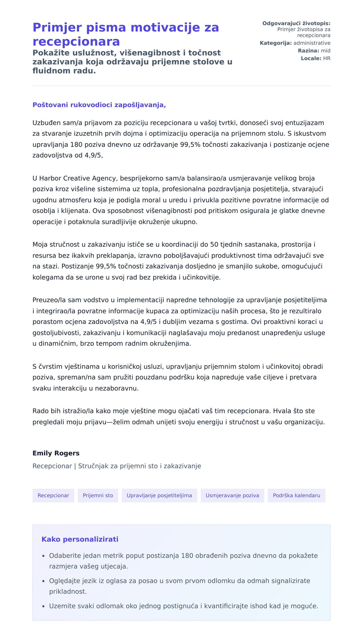 Pregled motivacijskog pisma za Primjer pisma motivacije za recepcionara