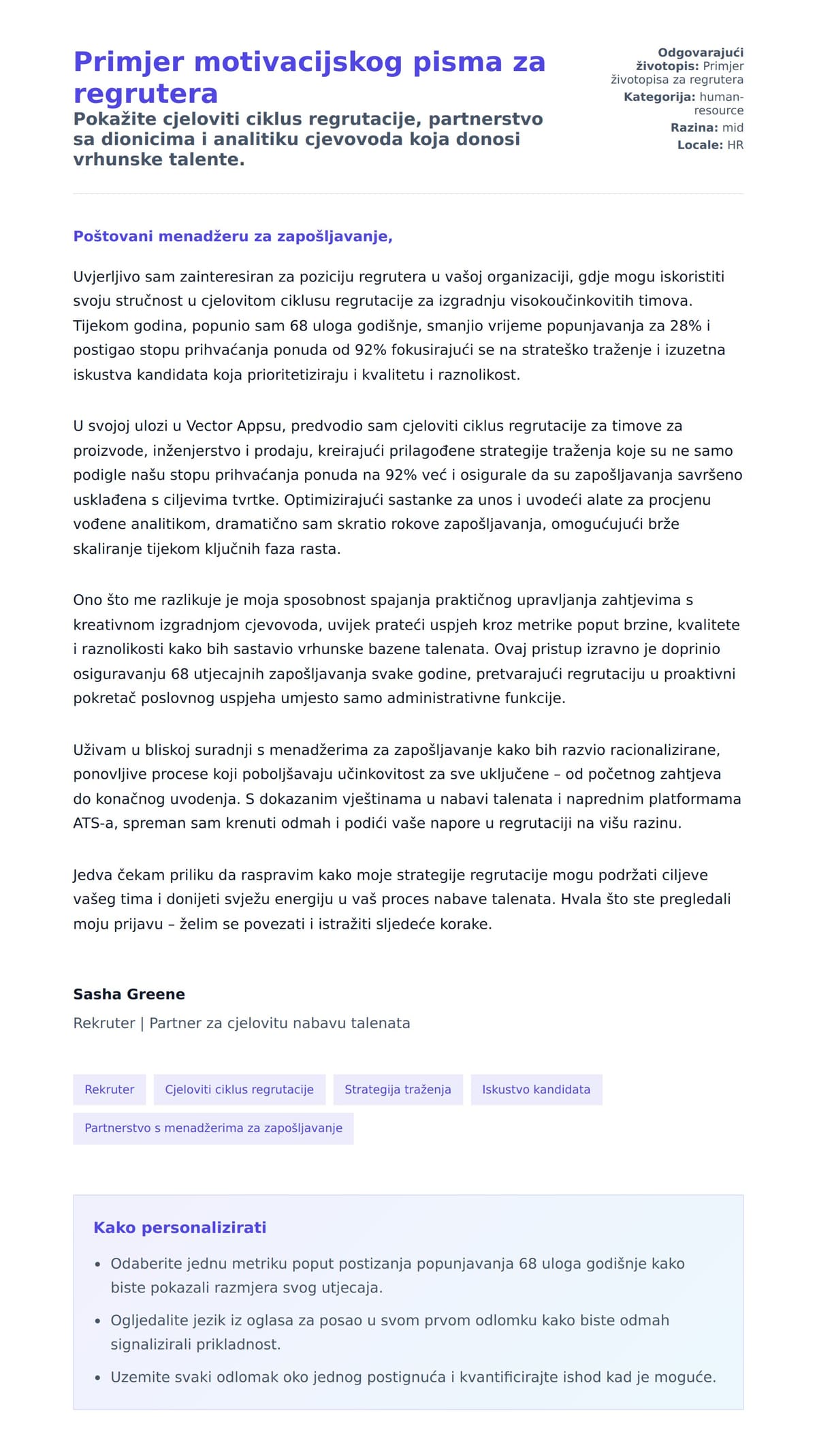 Pregled motivacijskog pisma za Primjer motivacijskog pisma za regrutera