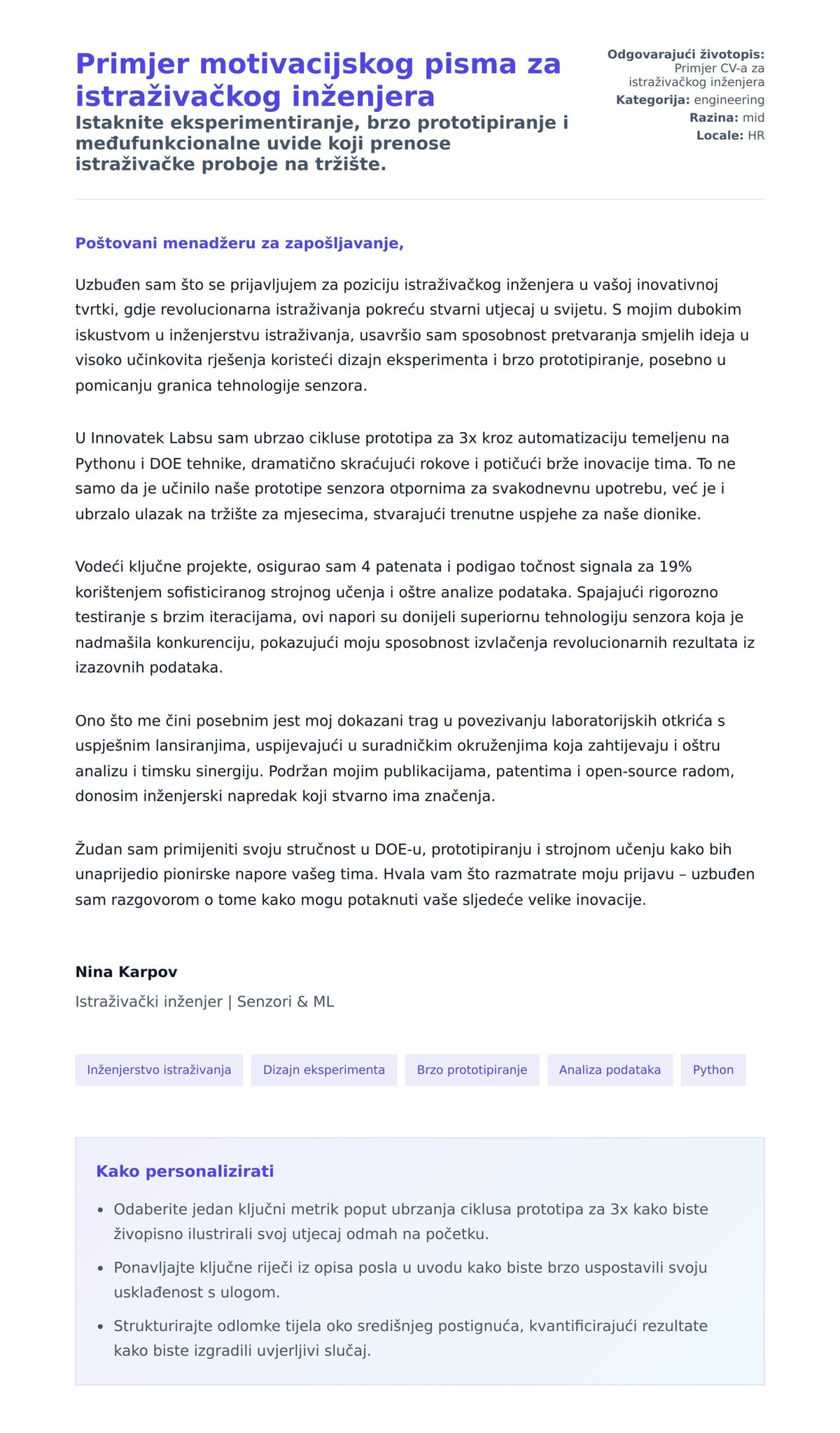 Pregled motivacijskog pisma za Primjer motivacijskog pisma za istraživačkog inženjera