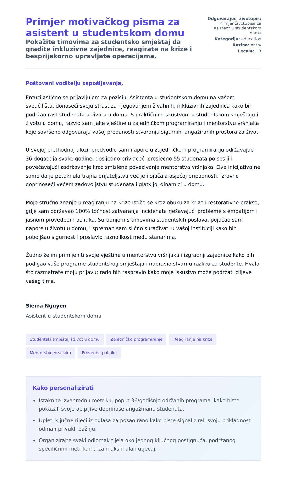 Pregled motivacijskog pisma za Primjer motivačkog pisma za asistent u studentskom domu