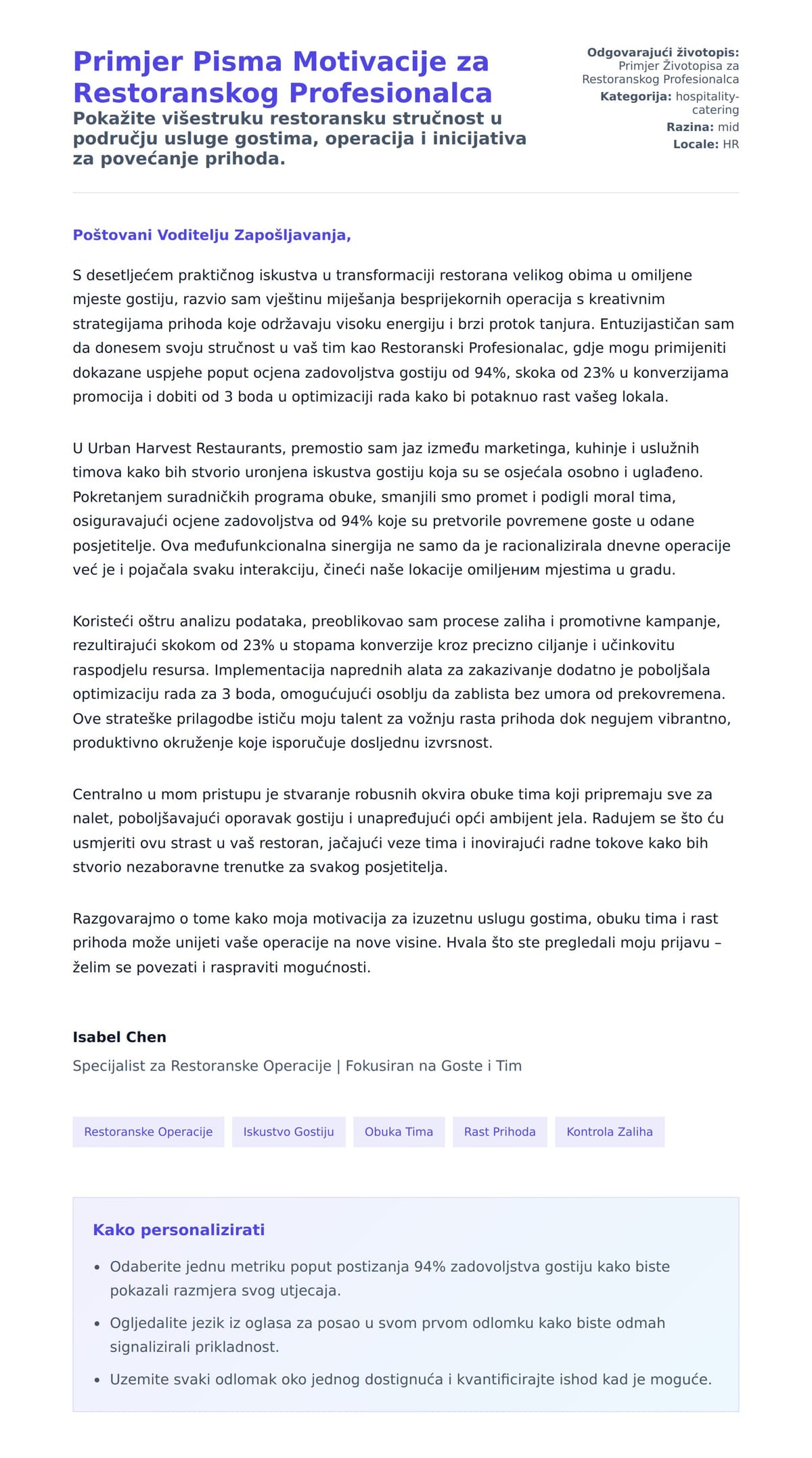 Pregled motivacijskog pisma za Primjer Pisma Motivacije za Restoranskog Profesionalca