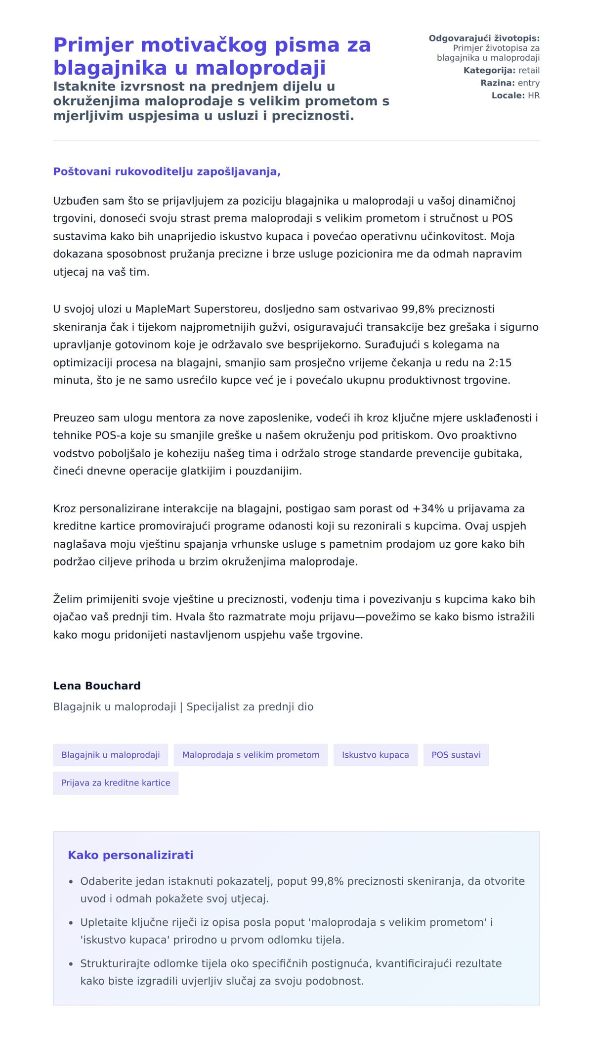 Pregled motivacijskog pisma za Primjer motivačkog pisma za blagajnika u maloprodaji
