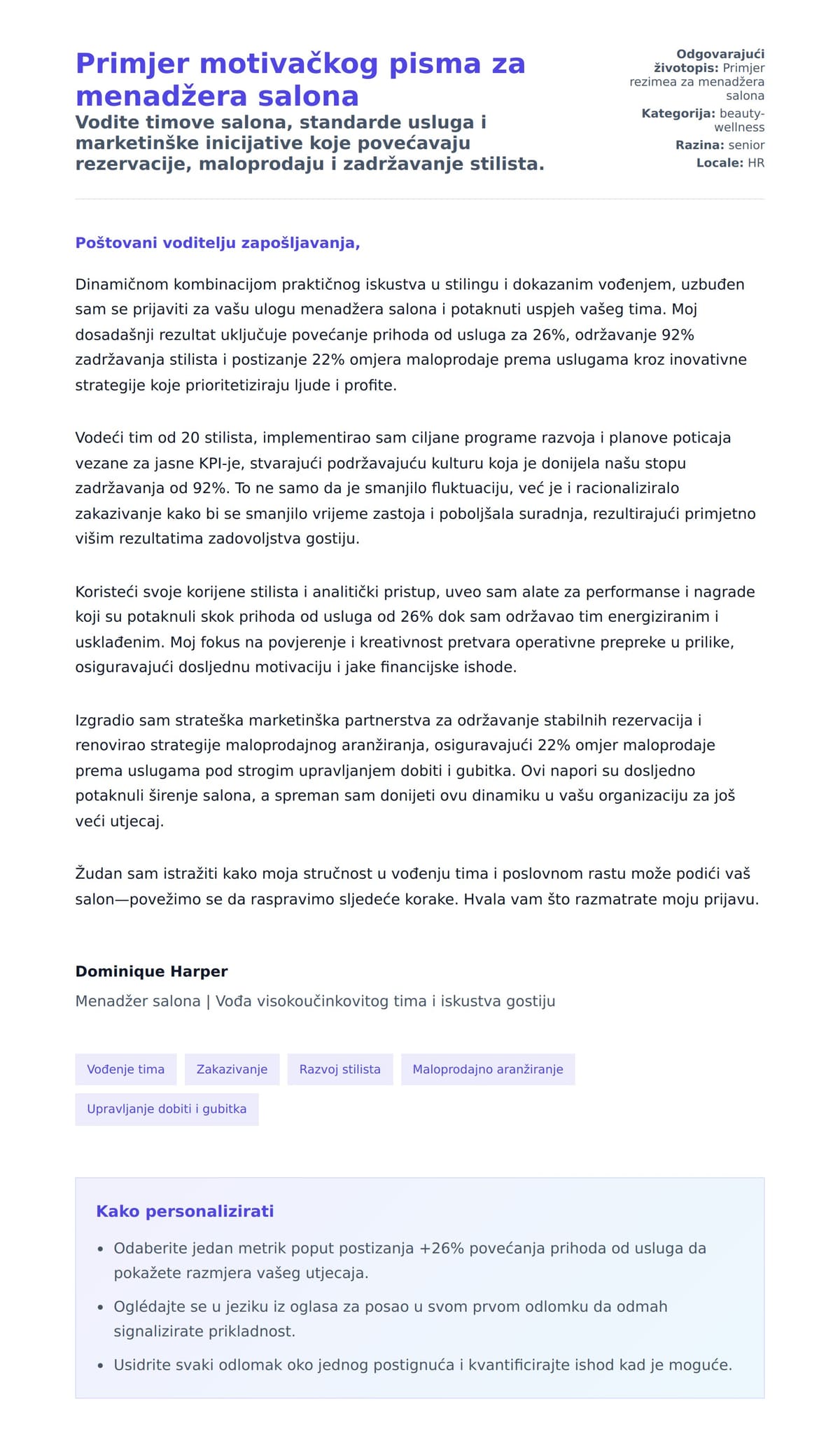 Pregled motivacijskog pisma za Primjer motivačkog pisma za menadžera salona