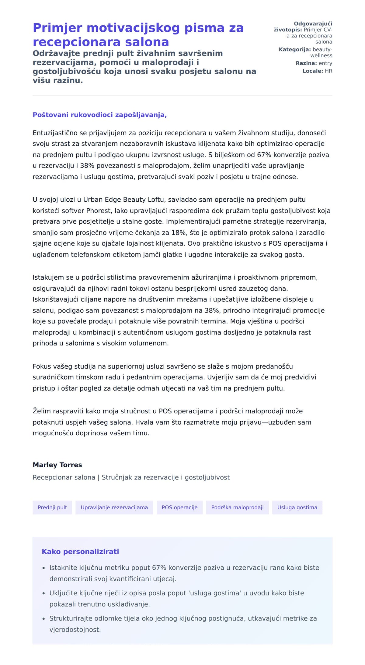 Pregled motivacijskog pisma za Primjer motivacijskog pisma za recepcionara salona