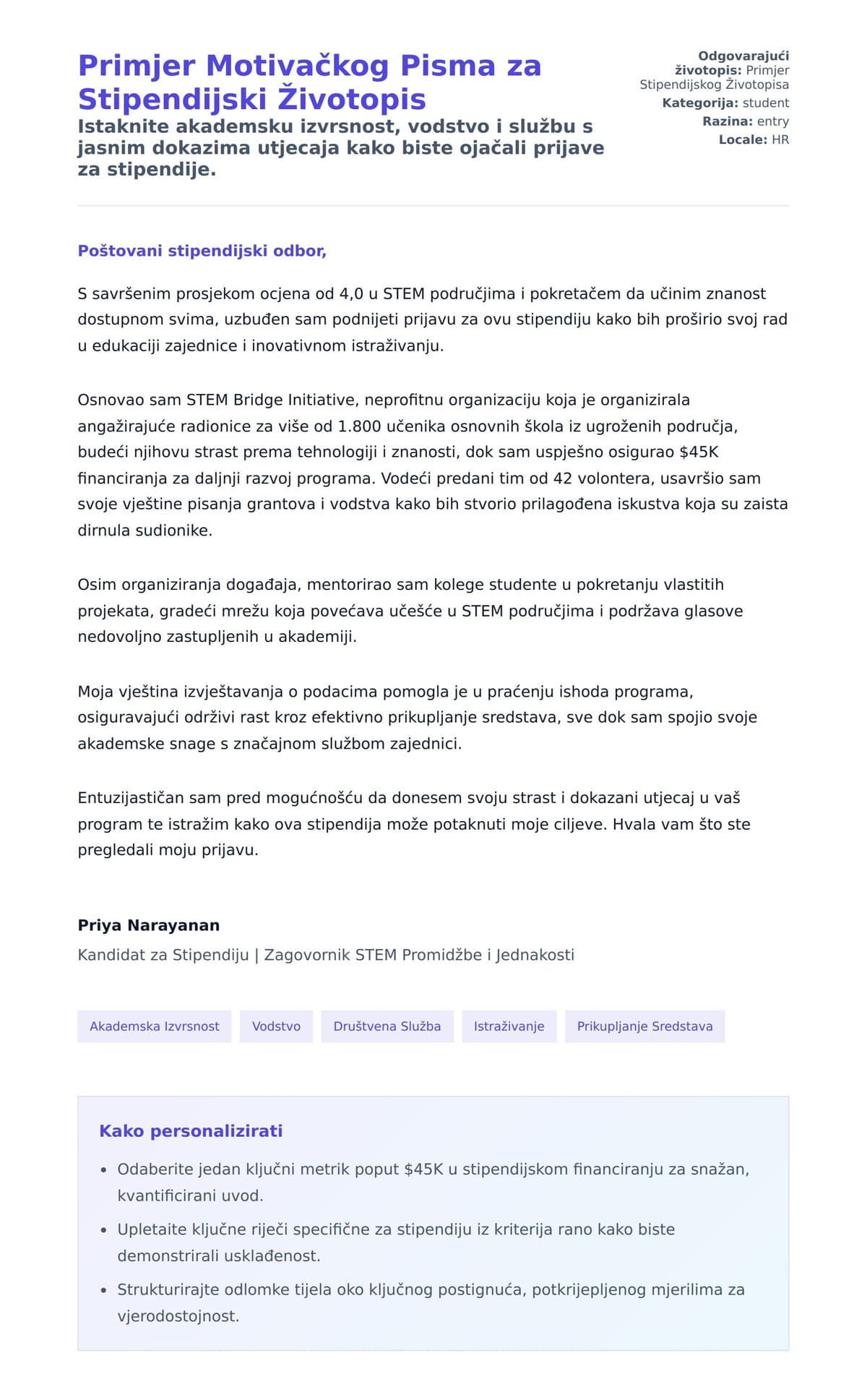 Pregled motivacijskog pisma za Primjer Motivačkog Pisma za Stipendijski Životopis