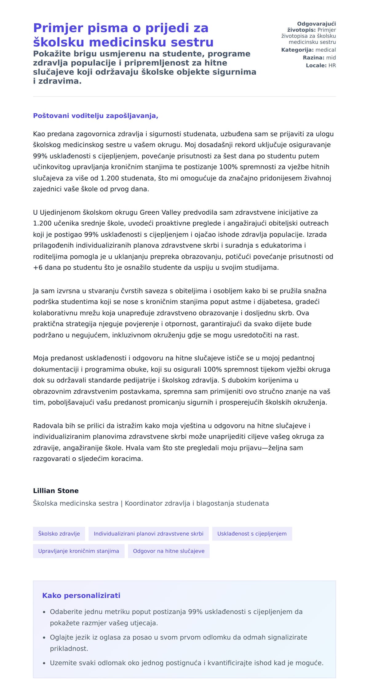 Pregled motivacijskog pisma za Primjer pisma o prijedi za školsku medicinsku sestru