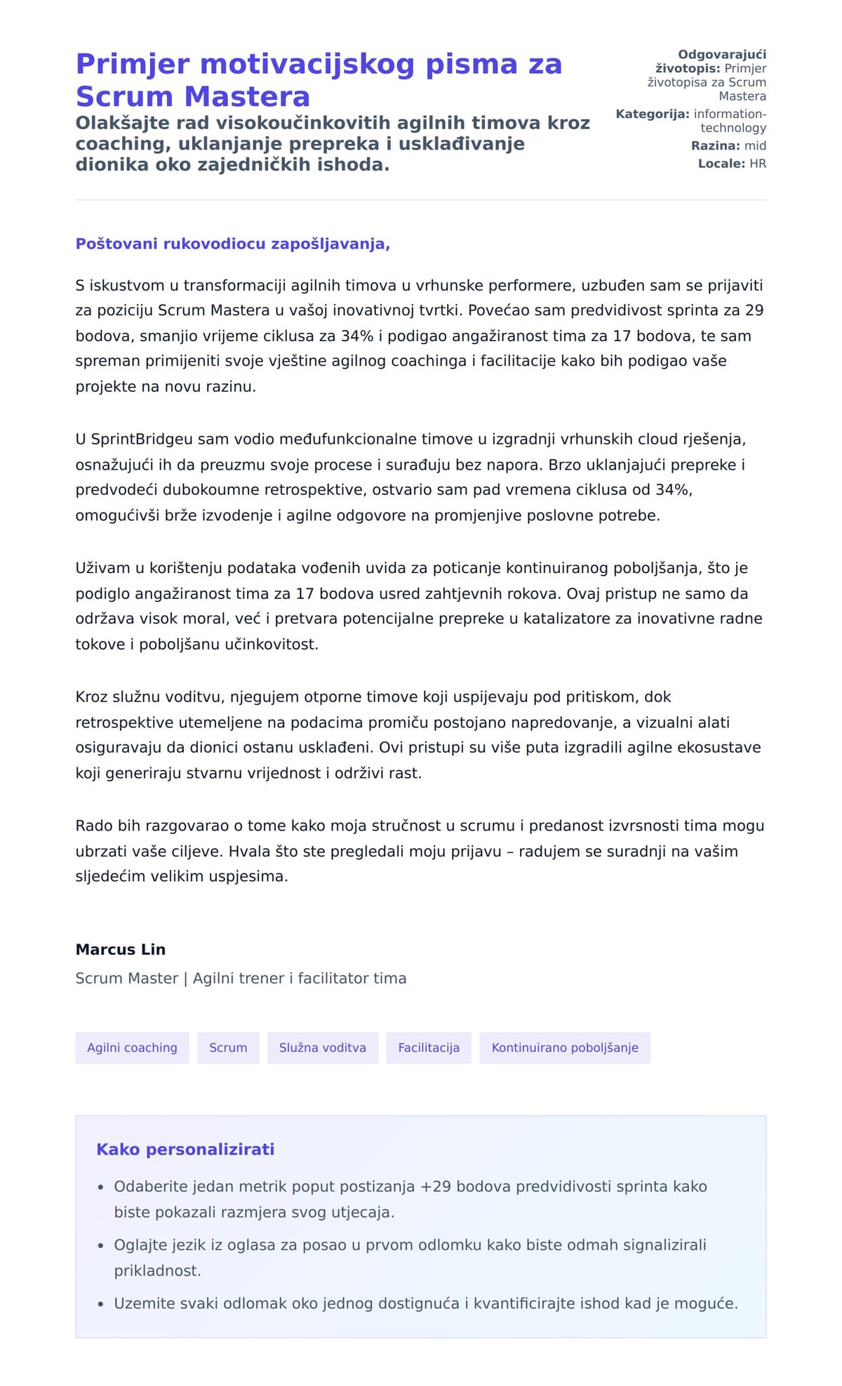 Pregled motivacijskog pisma za Primjer motivacijskog pisma za Scrum Mastera