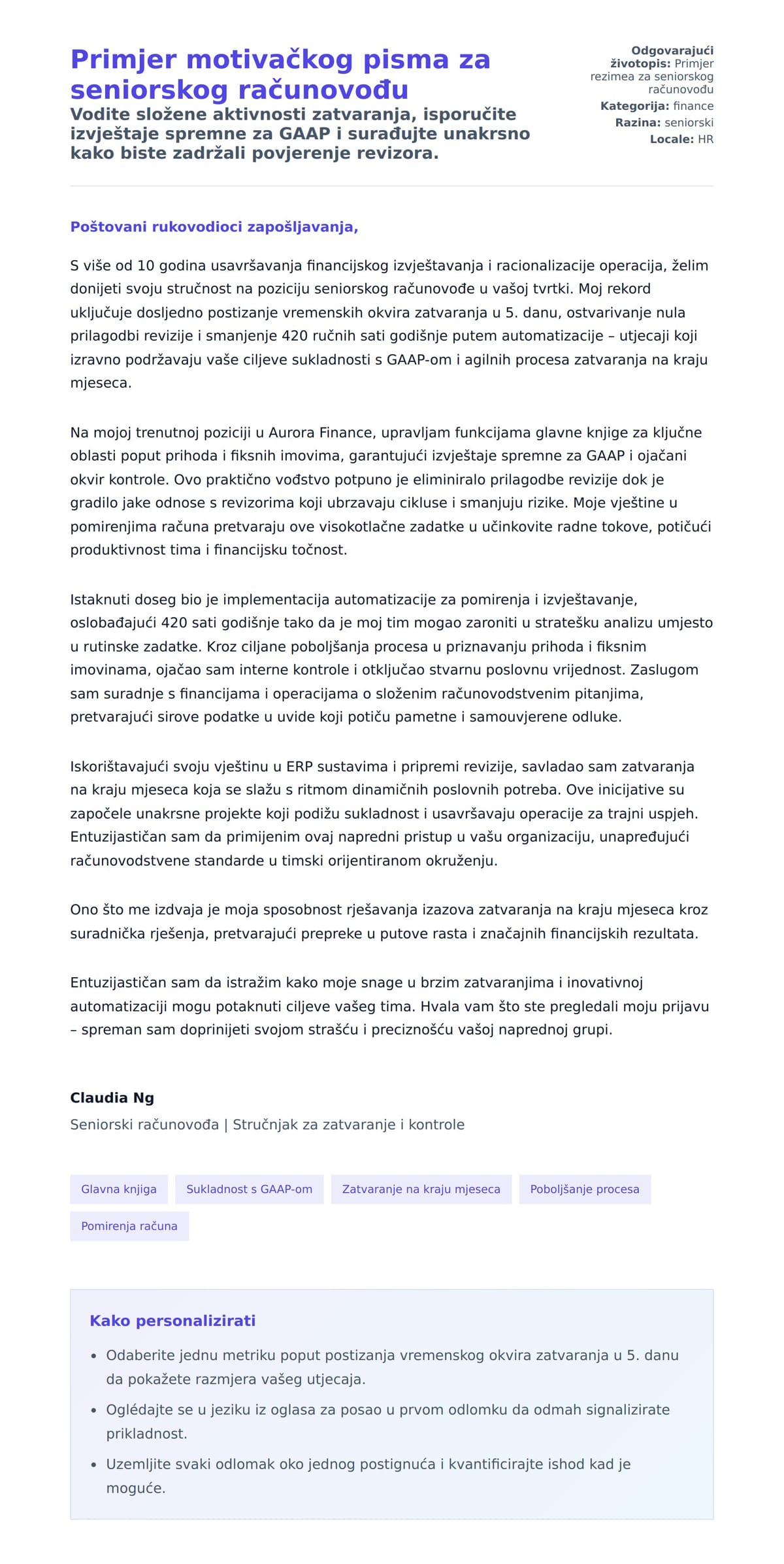 Pregled motivacijskog pisma za Primjer motivačkog pisma za seniorskog računovođu