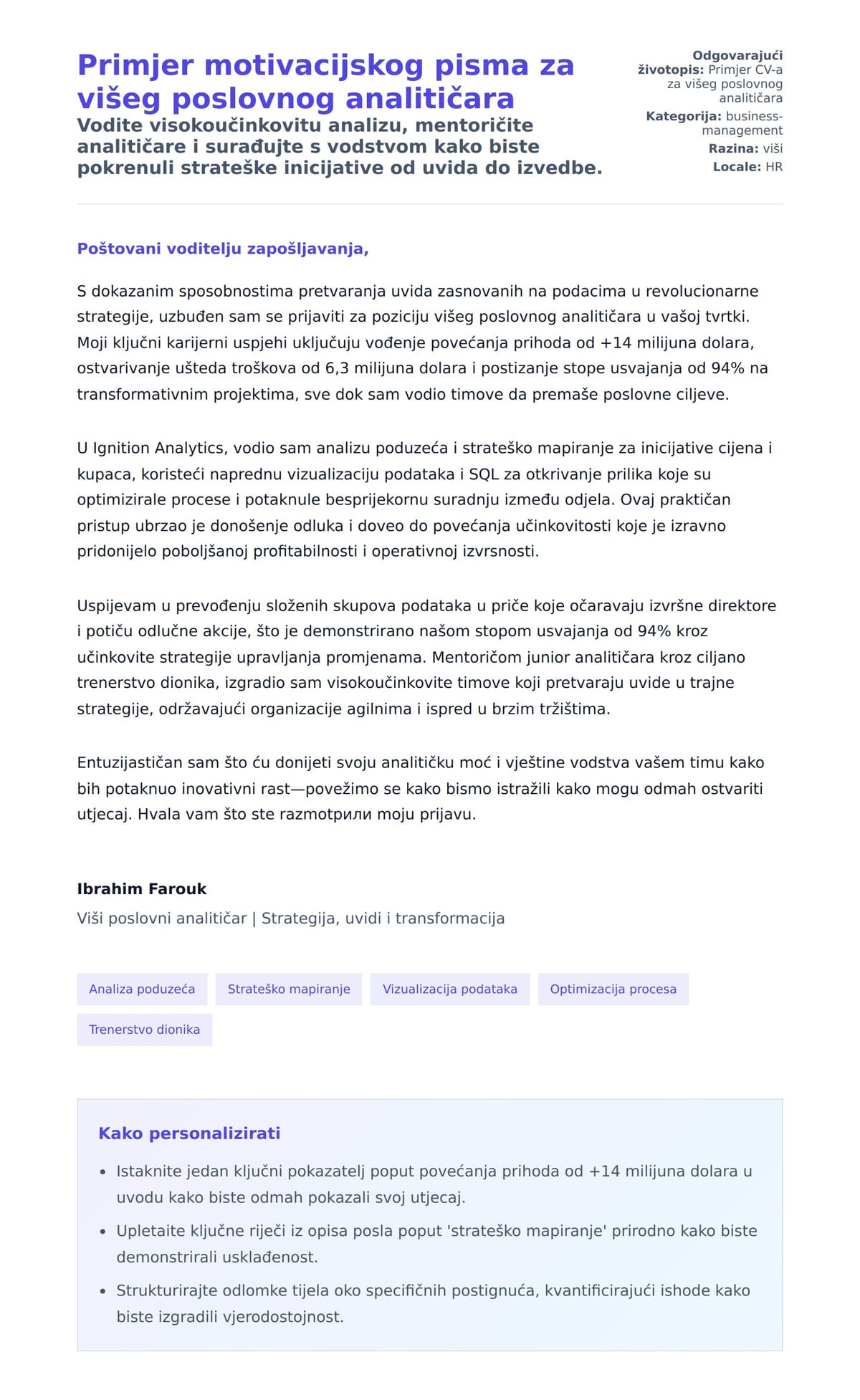 Pregled motivacijskog pisma za Primjer motivacijskog pisma za višeg poslovnog analitičara