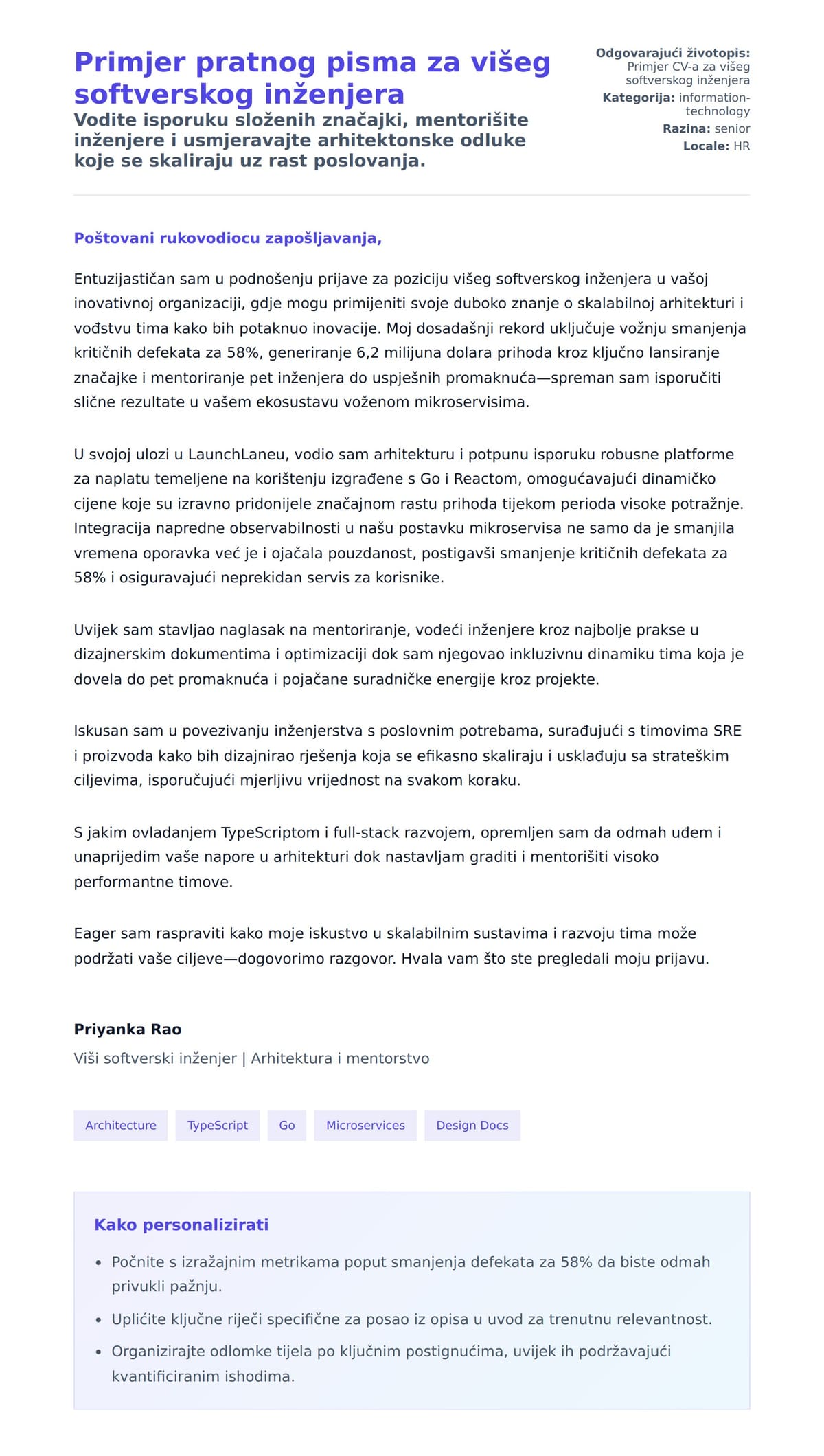 Pregled motivacijskog pisma za Primjer pratnog pisma za višeg softverskog inženjera