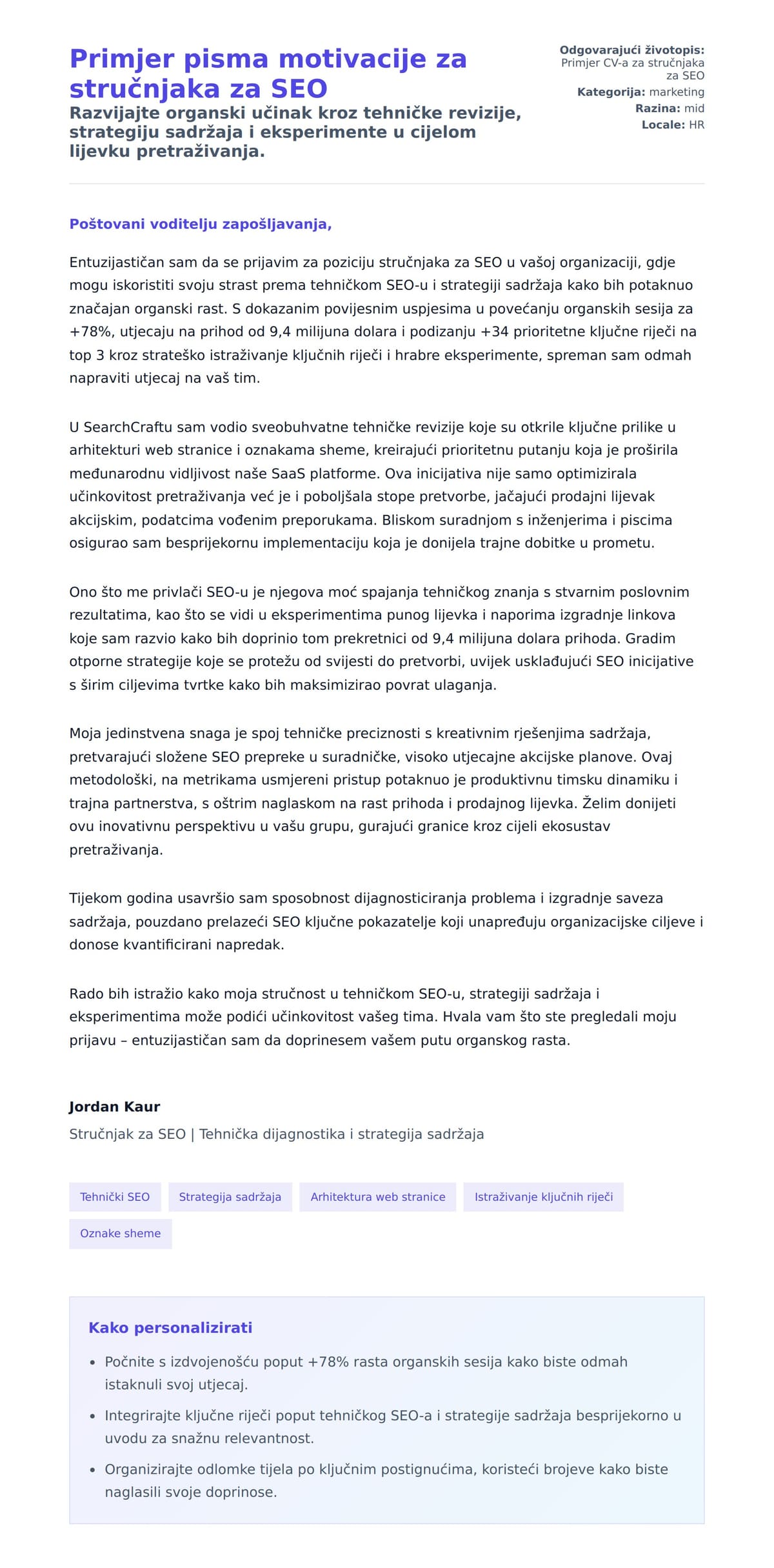 Pregled motivacijskog pisma za Primjer pisma motivacije za stručnjaka za SEO