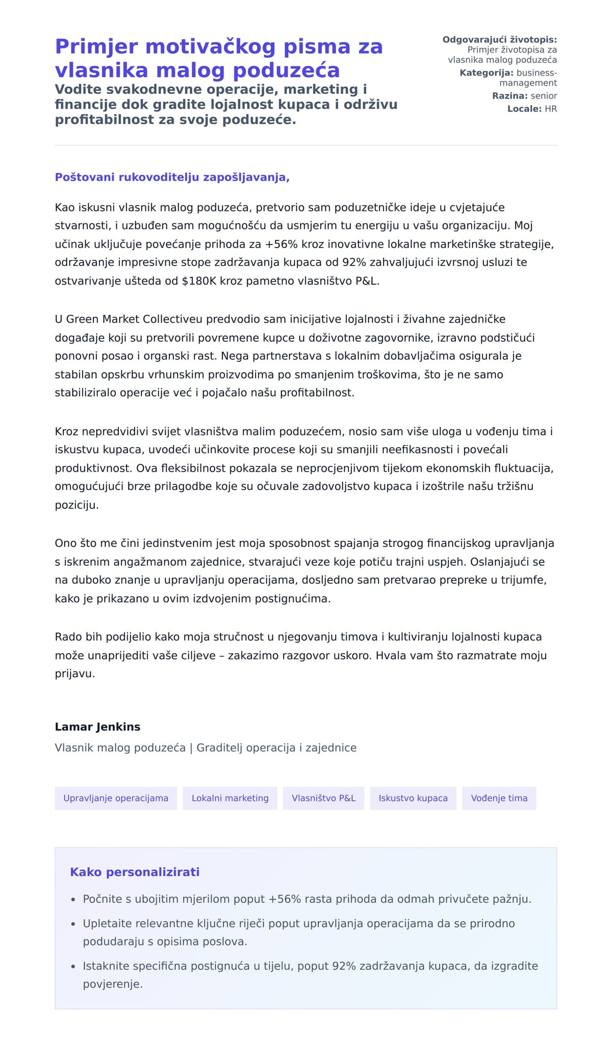 Pregled motivacijskog pisma za Primjer motivačkog pisma za vlasnika malog poduzeća