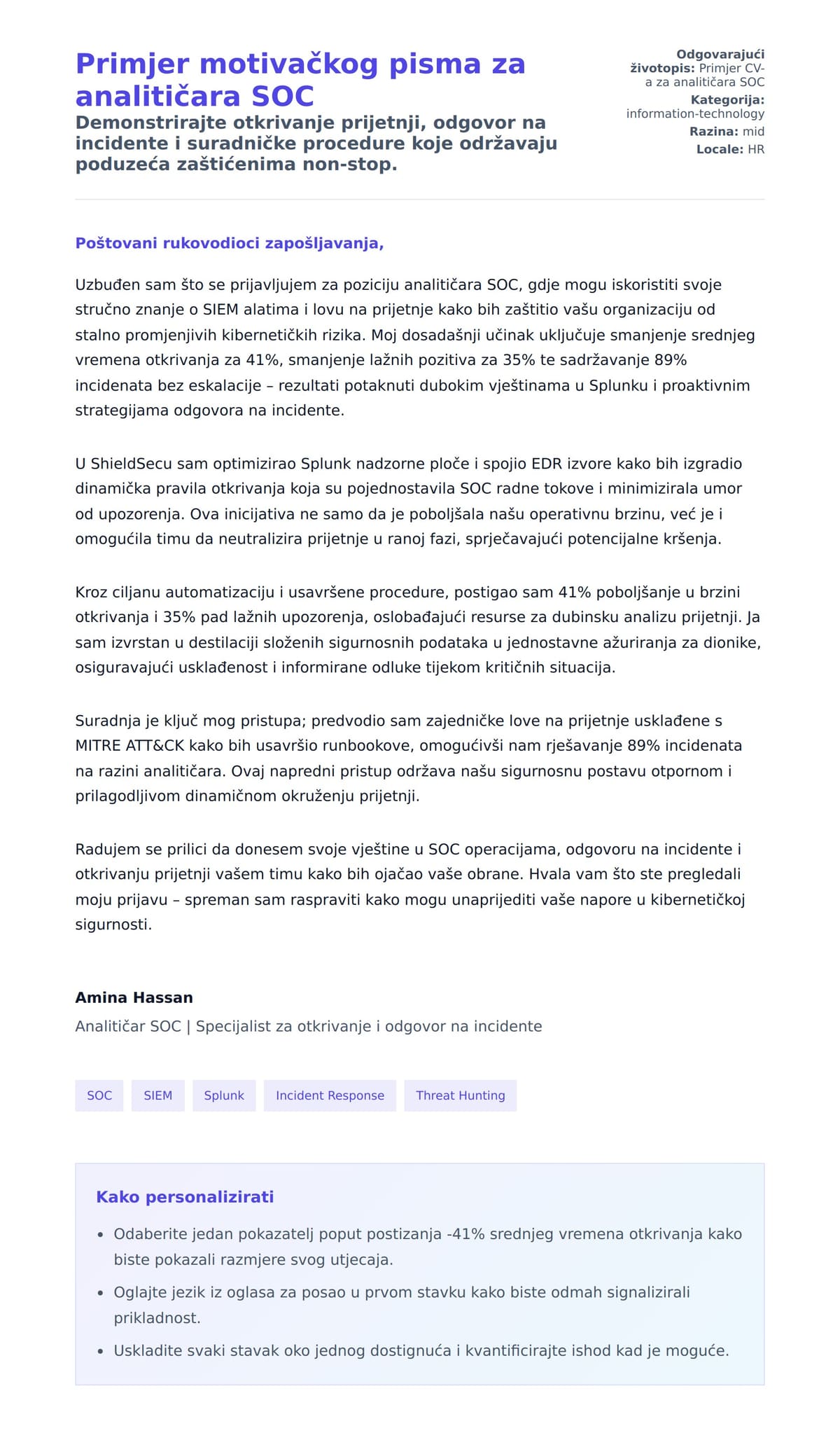 Pregled motivacijskog pisma za Primjer motivačkog pisma za analitičara SOC