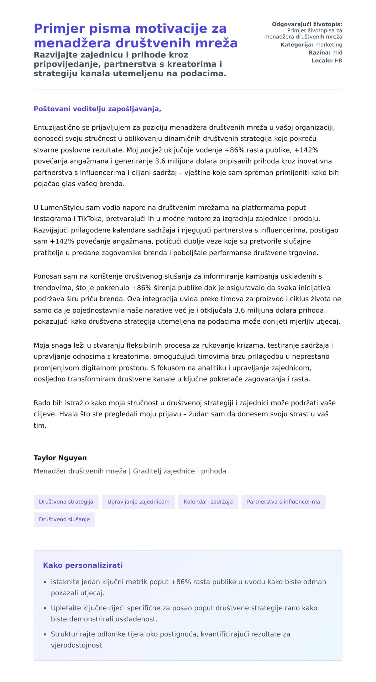 Pregled motivacijskog pisma za Primjer pisma motivacije za menadžera društvenih mreža