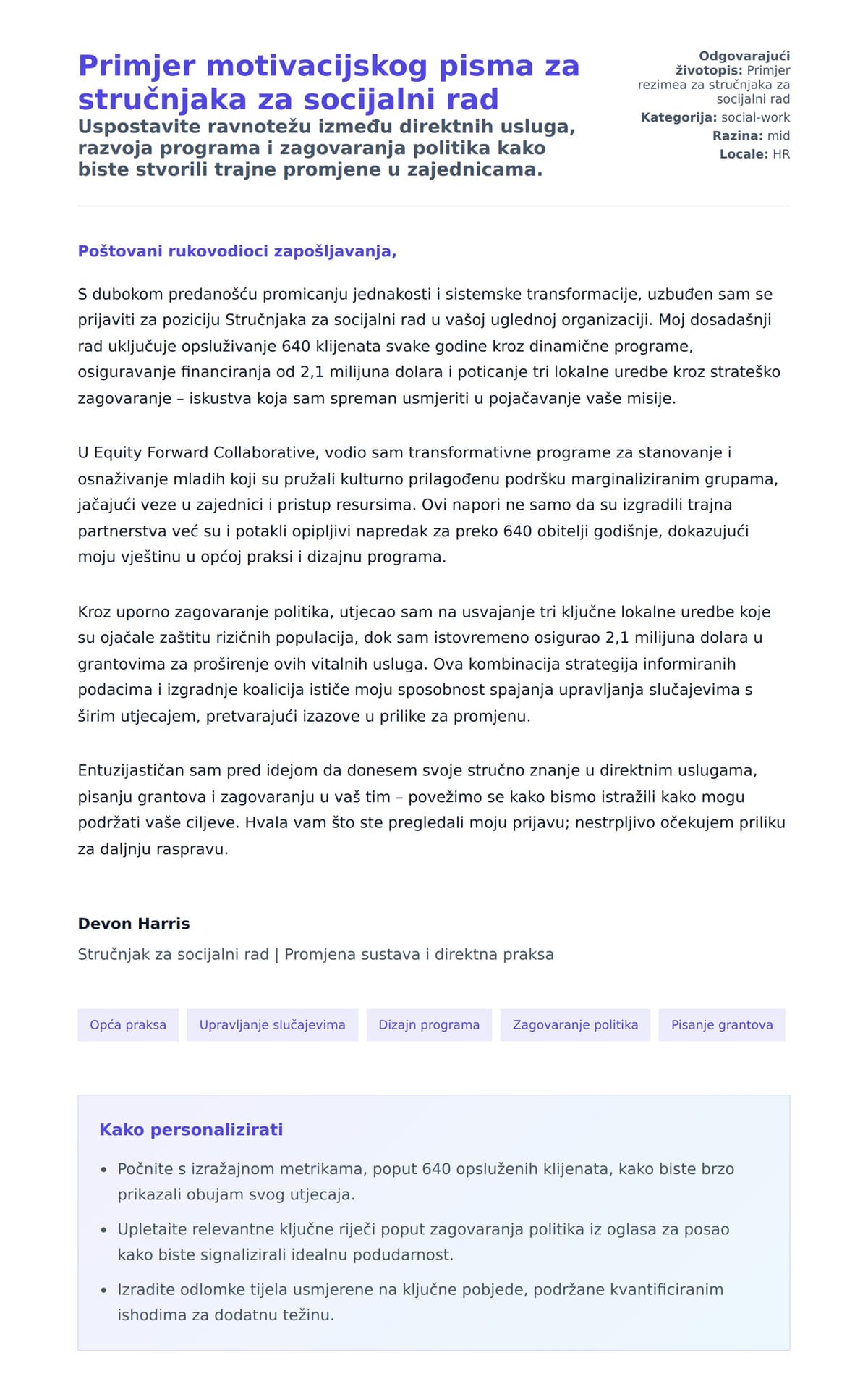 Pregled motivacijskog pisma za Primjer motivacijskog pisma za stručnjaka za socijalni rad