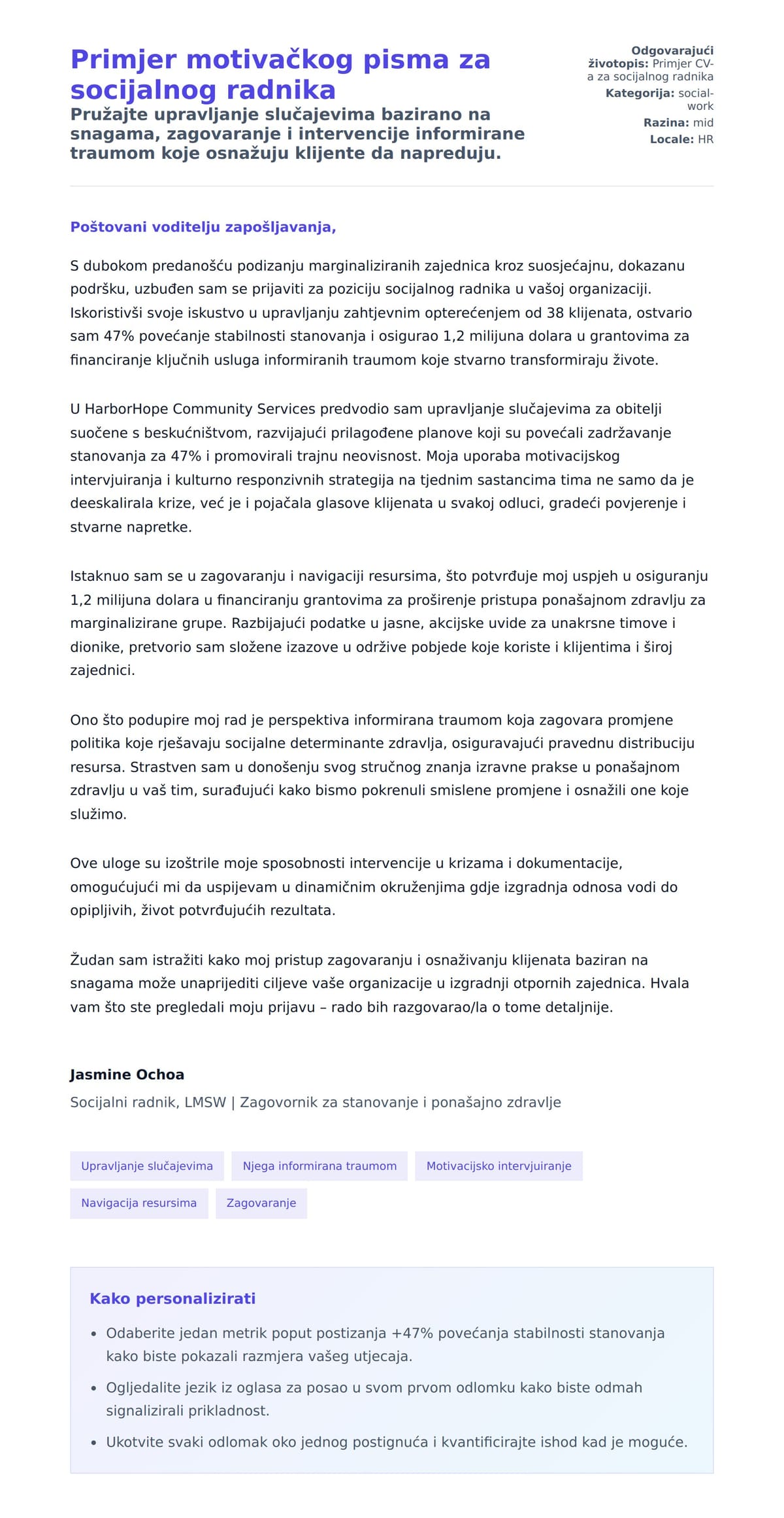 Pregled motivacijskog pisma za Primjer motivačkog pisma za socijalnog radnika