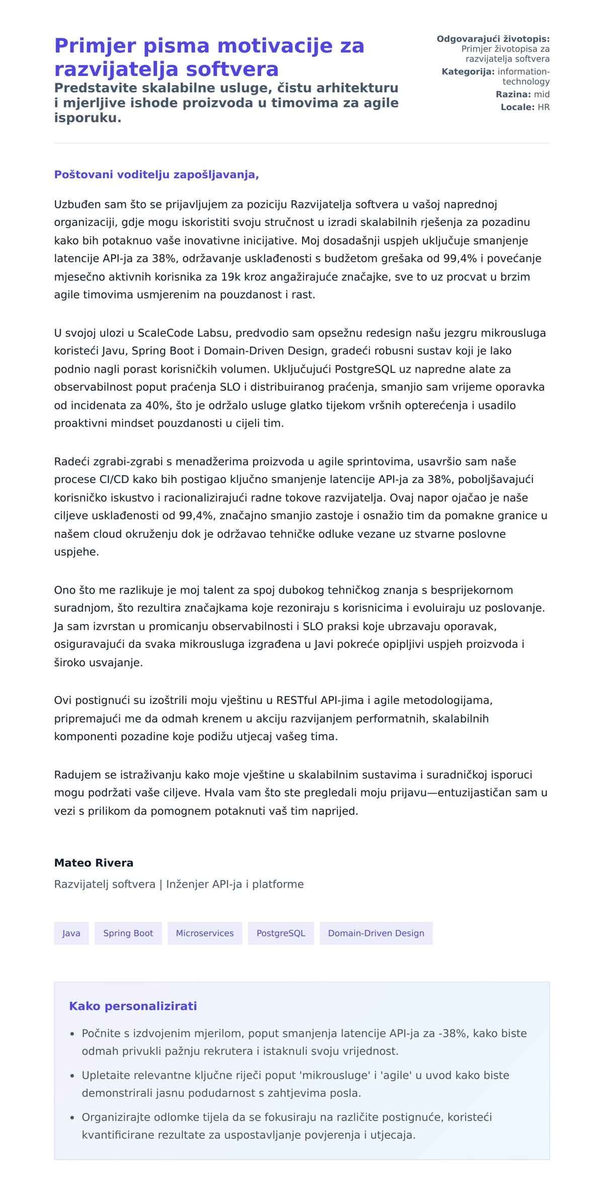 Pregled motivacijskog pisma za Primjer pisma motivacije za razvijatelja softvera