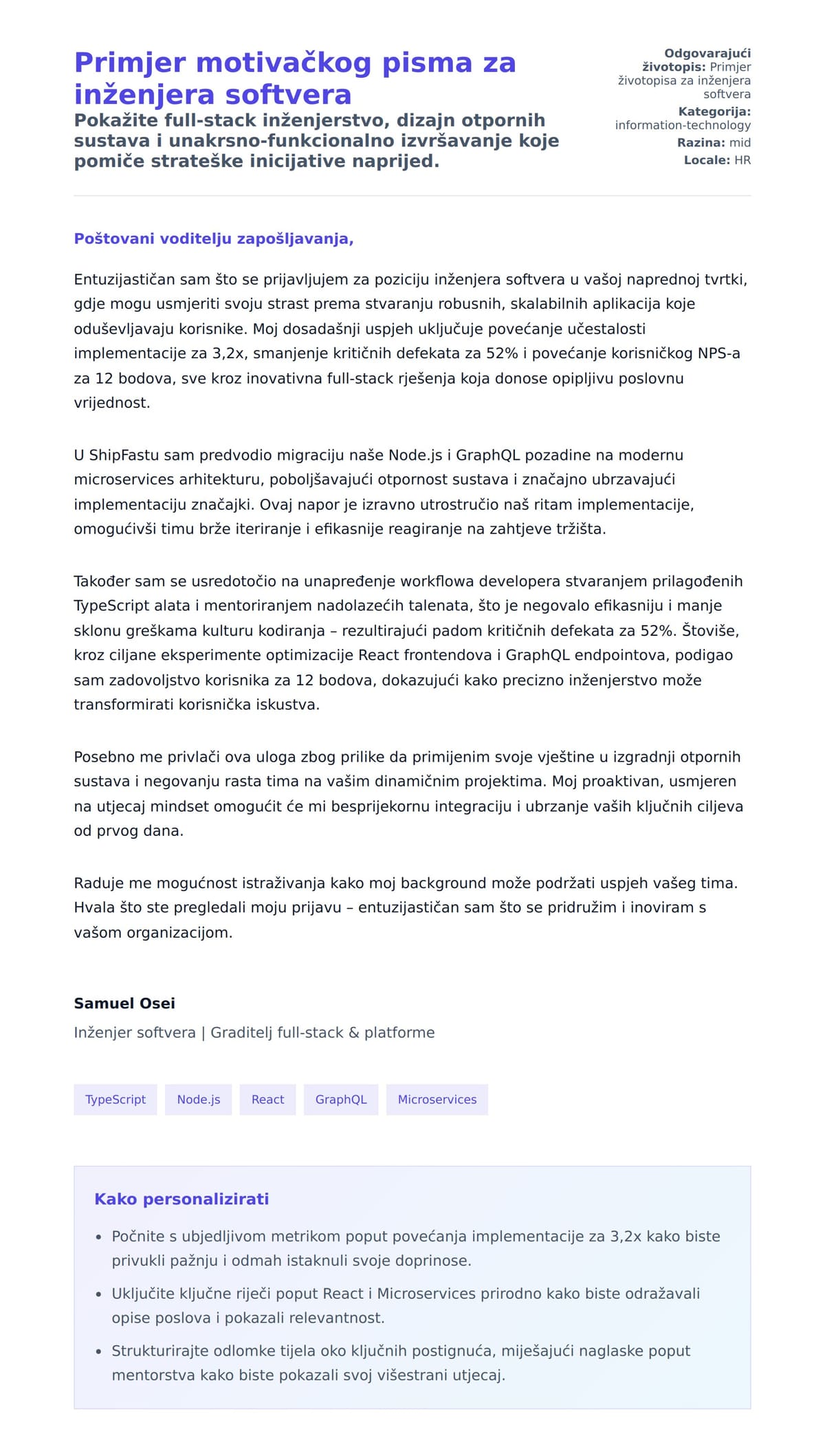 Pregled motivacijskog pisma za Primjer motivačkog pisma za inženjera softvera