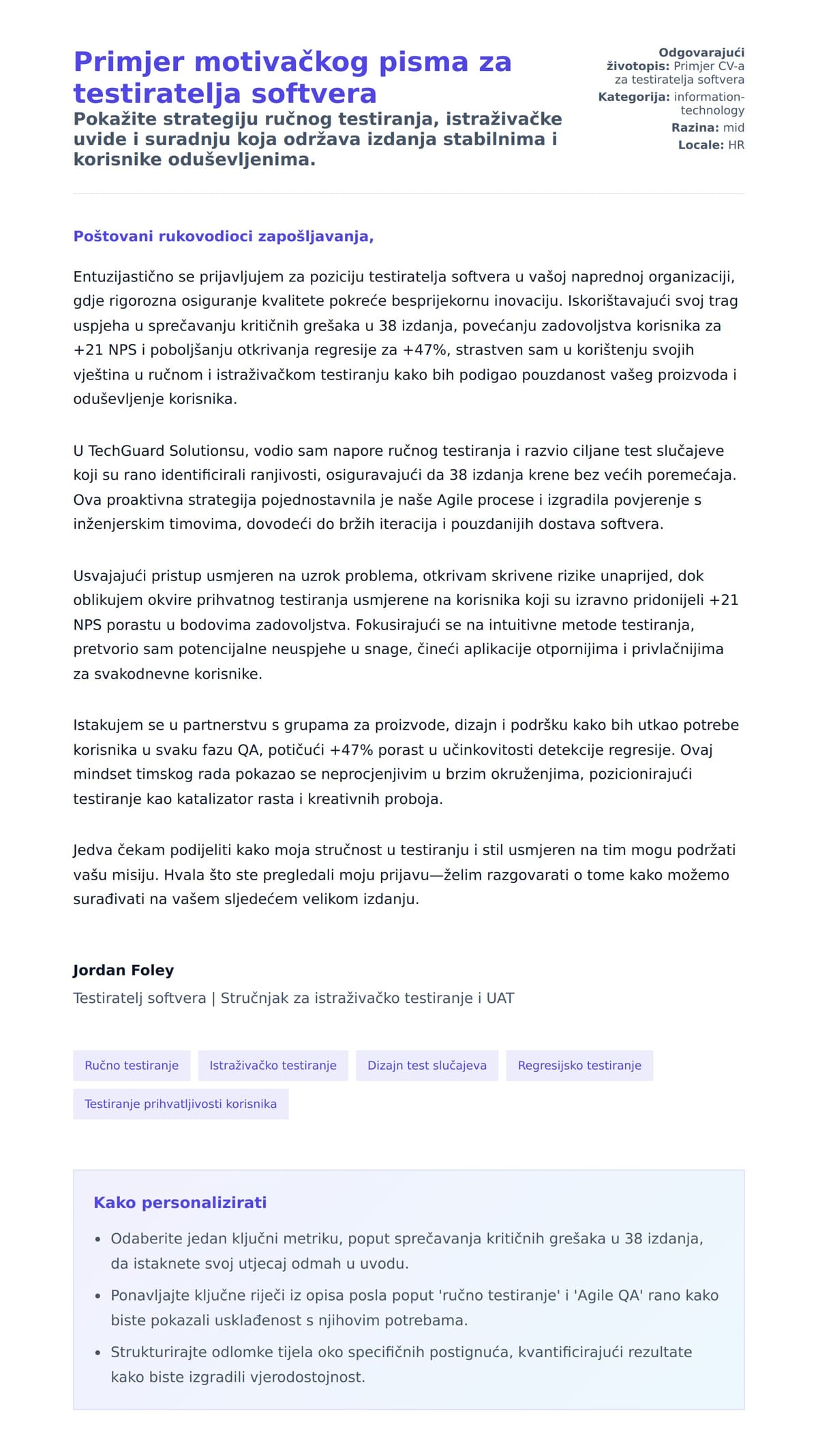 Pregled motivacijskog pisma za Primjer motivačkog pisma za testiratelja softvera