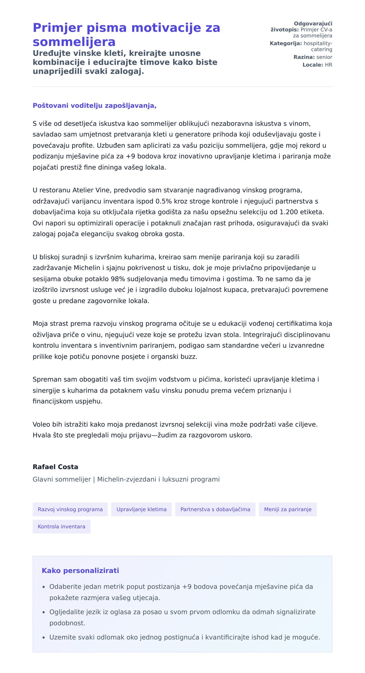 Pregled motivacijskog pisma za Primjer pisma motivacije za sommelijera