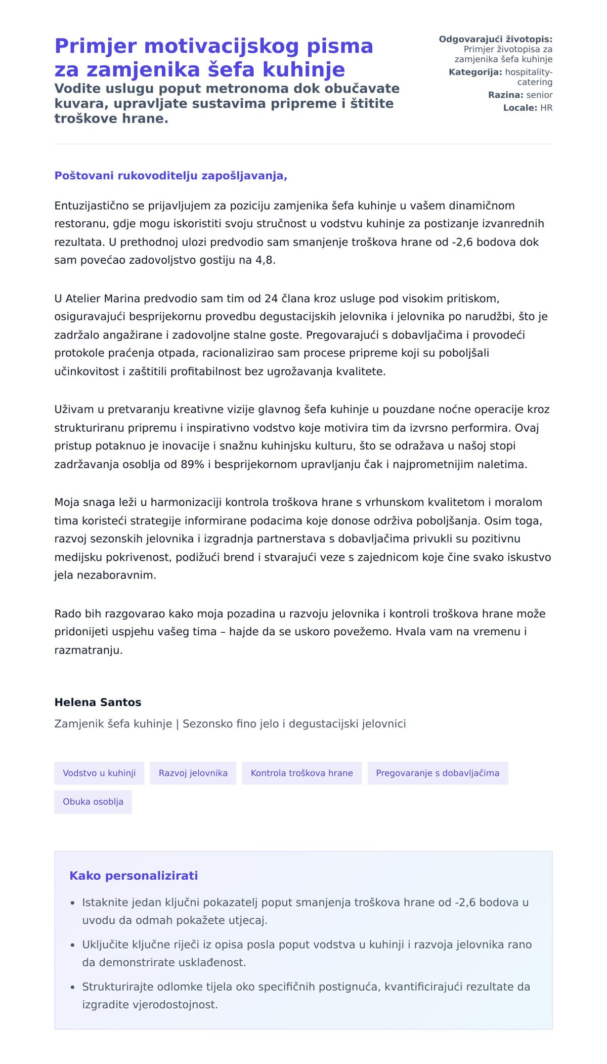 Pregled motivacijskog pisma za Primjer motivacijskog pisma za zamjenika šefa kuhinje