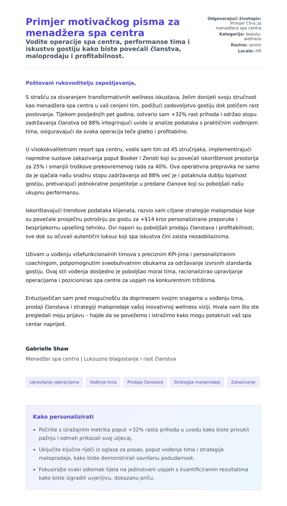 Pregled motivacijskog pisma za Primjer motivačkog pisma za menadžera spa centra
