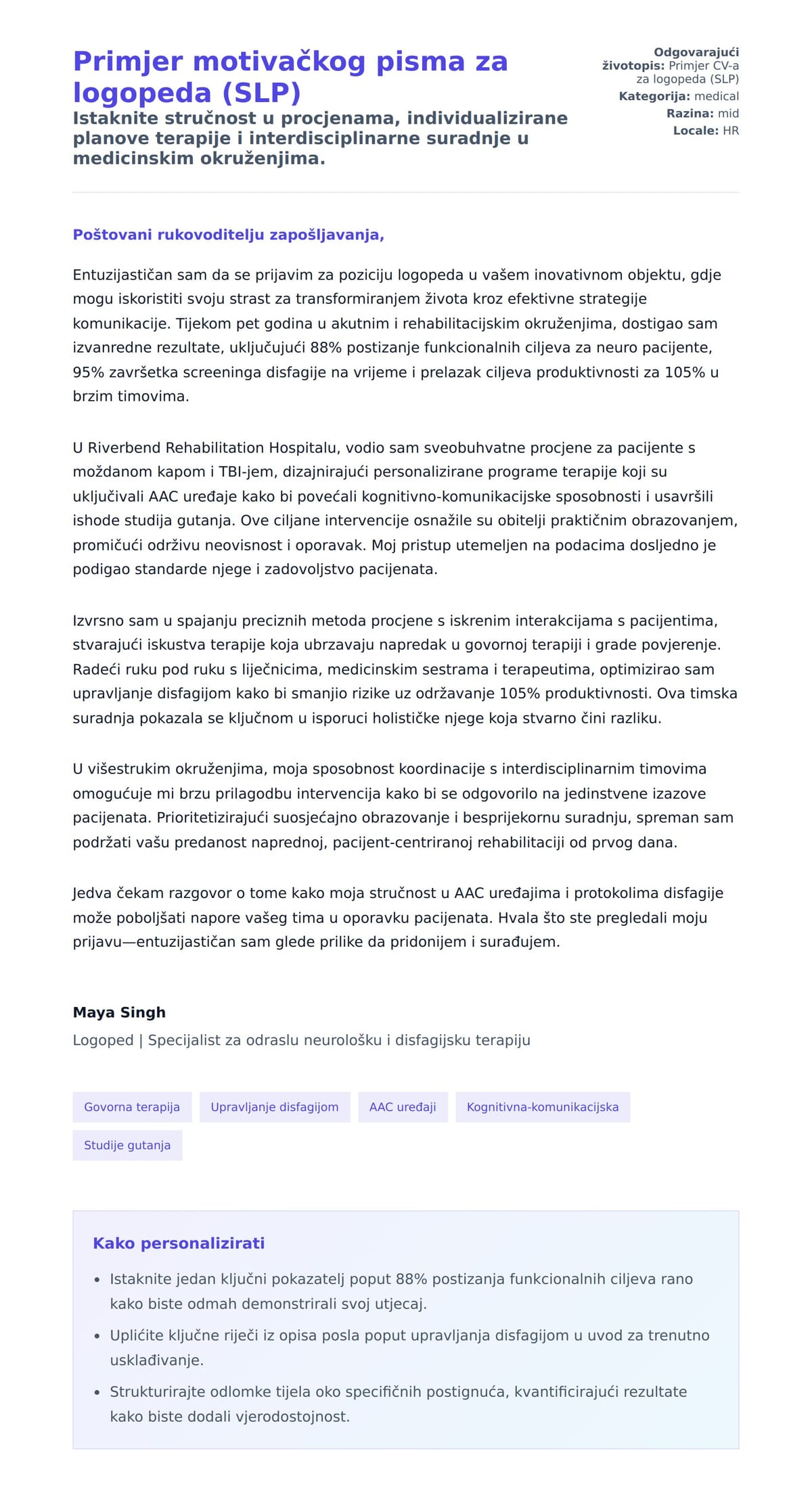 Pregled motivacijskog pisma za Primjer motivačkog pisma za logopeda (SLP)