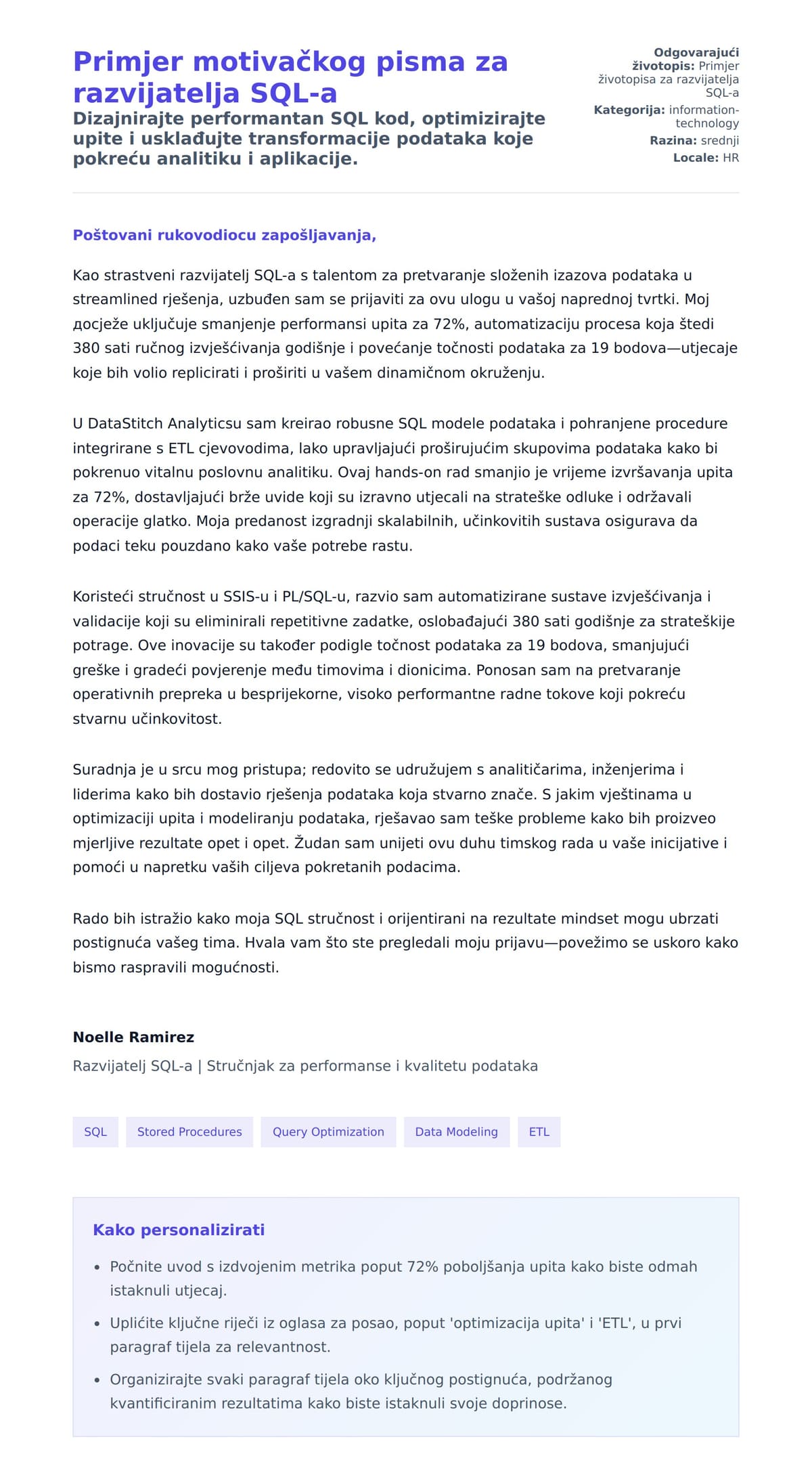 Pregled motivacijskog pisma za Primjer motivačkog pisma za razvijatelja SQL-a