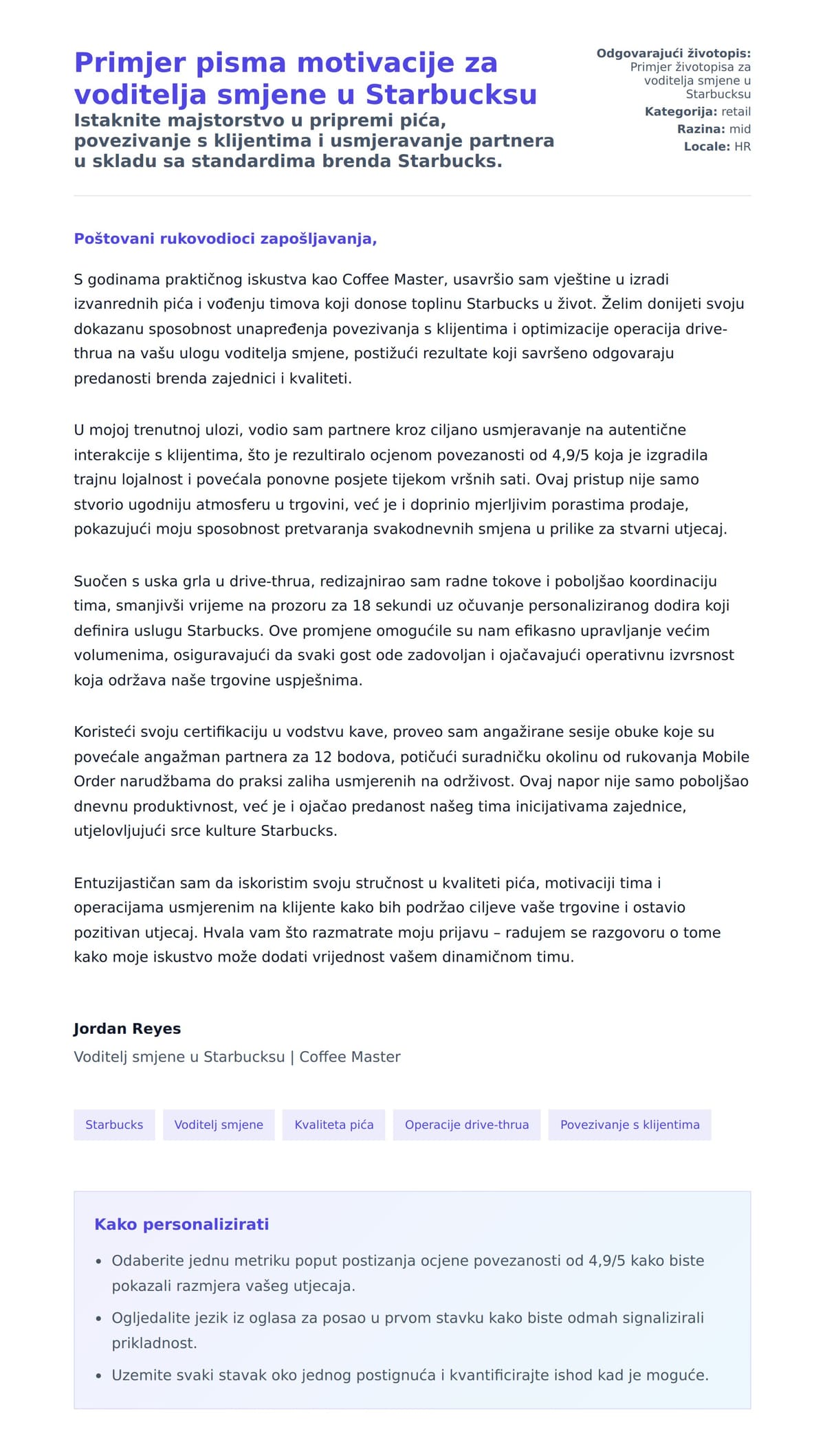 Pregled motivacijskog pisma za Primjer pisma motivacije za voditelja smjene u Starbucksu