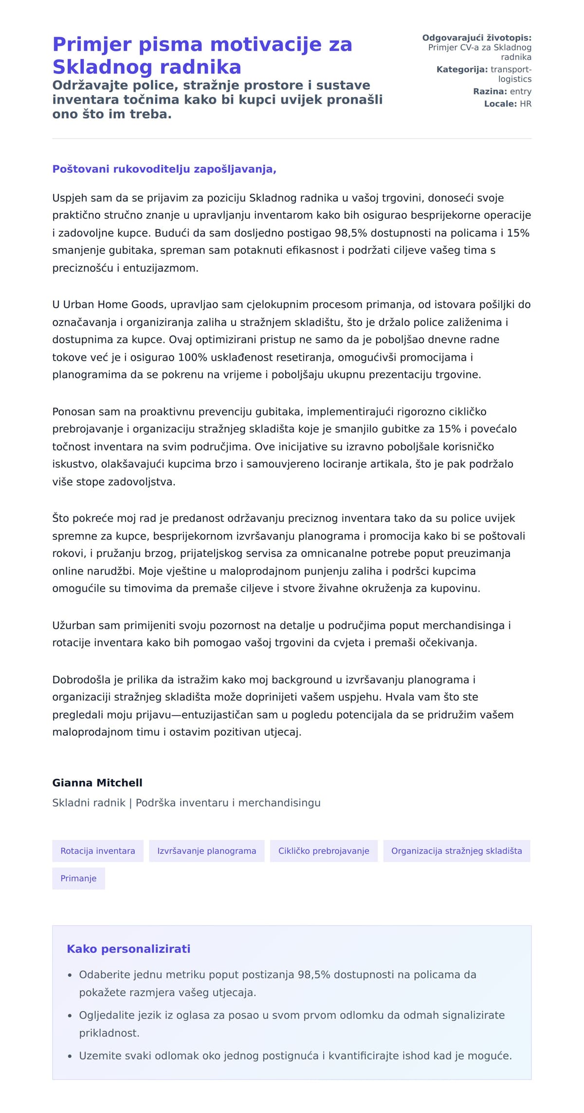 Pregled motivacijskog pisma za Primjer pisma motivacije za Skladnog radnika