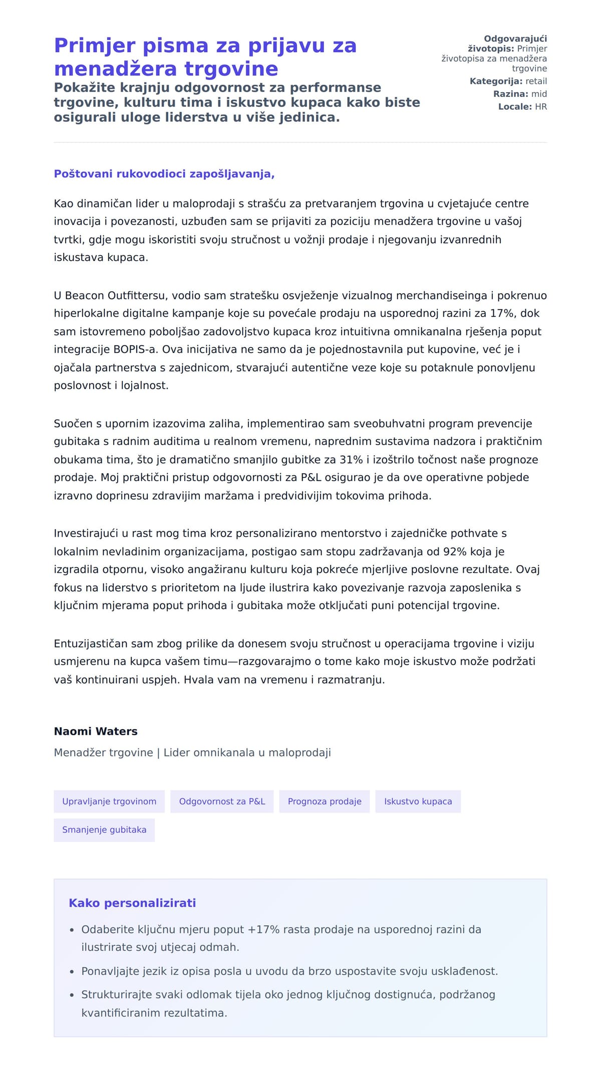 Pregled motivacijskog pisma za Primjer pisma za prijavu za menadžera trgovine
