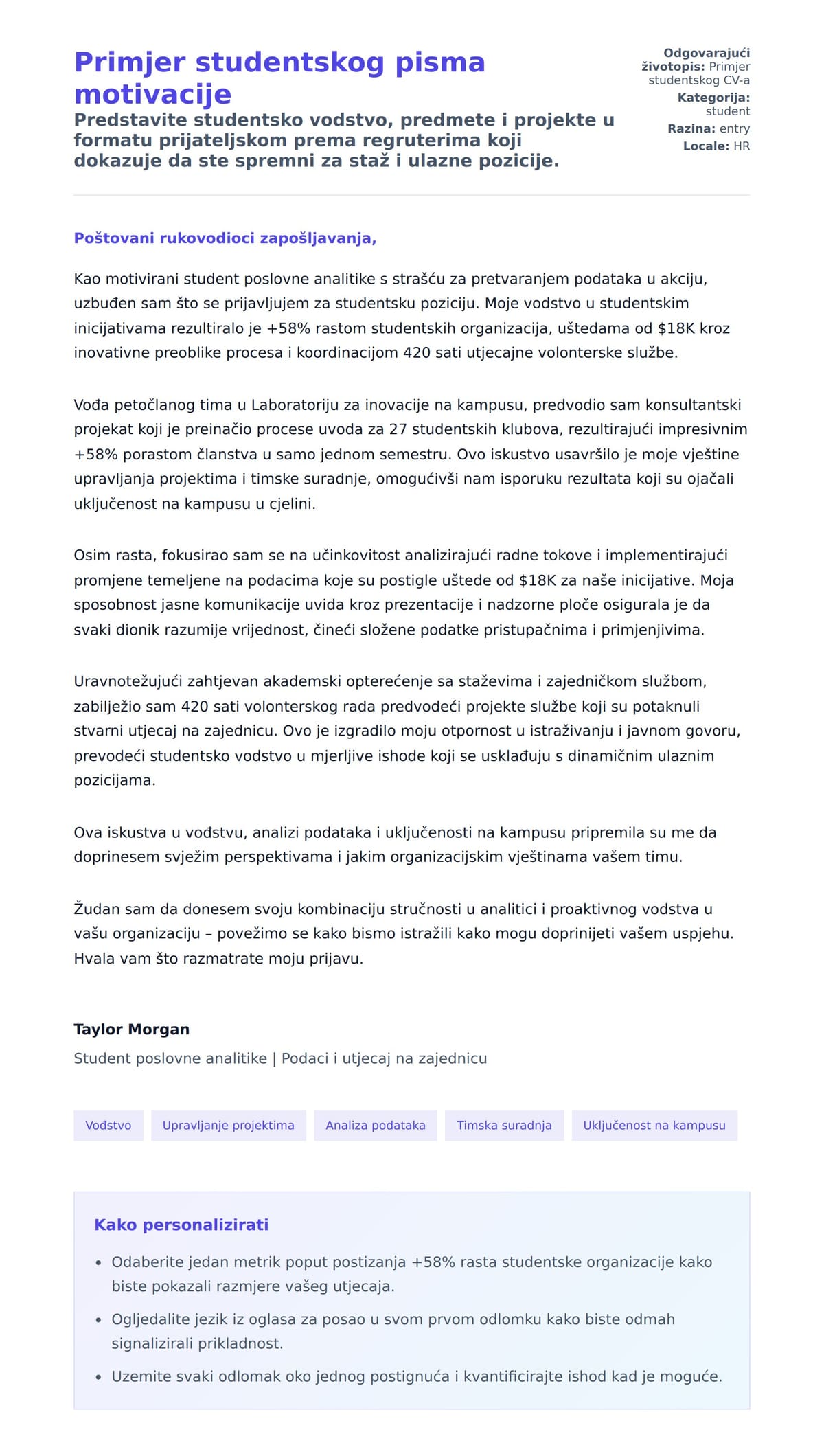 Pregled motivacijskog pisma za Primjer studentskog pisma motivacije