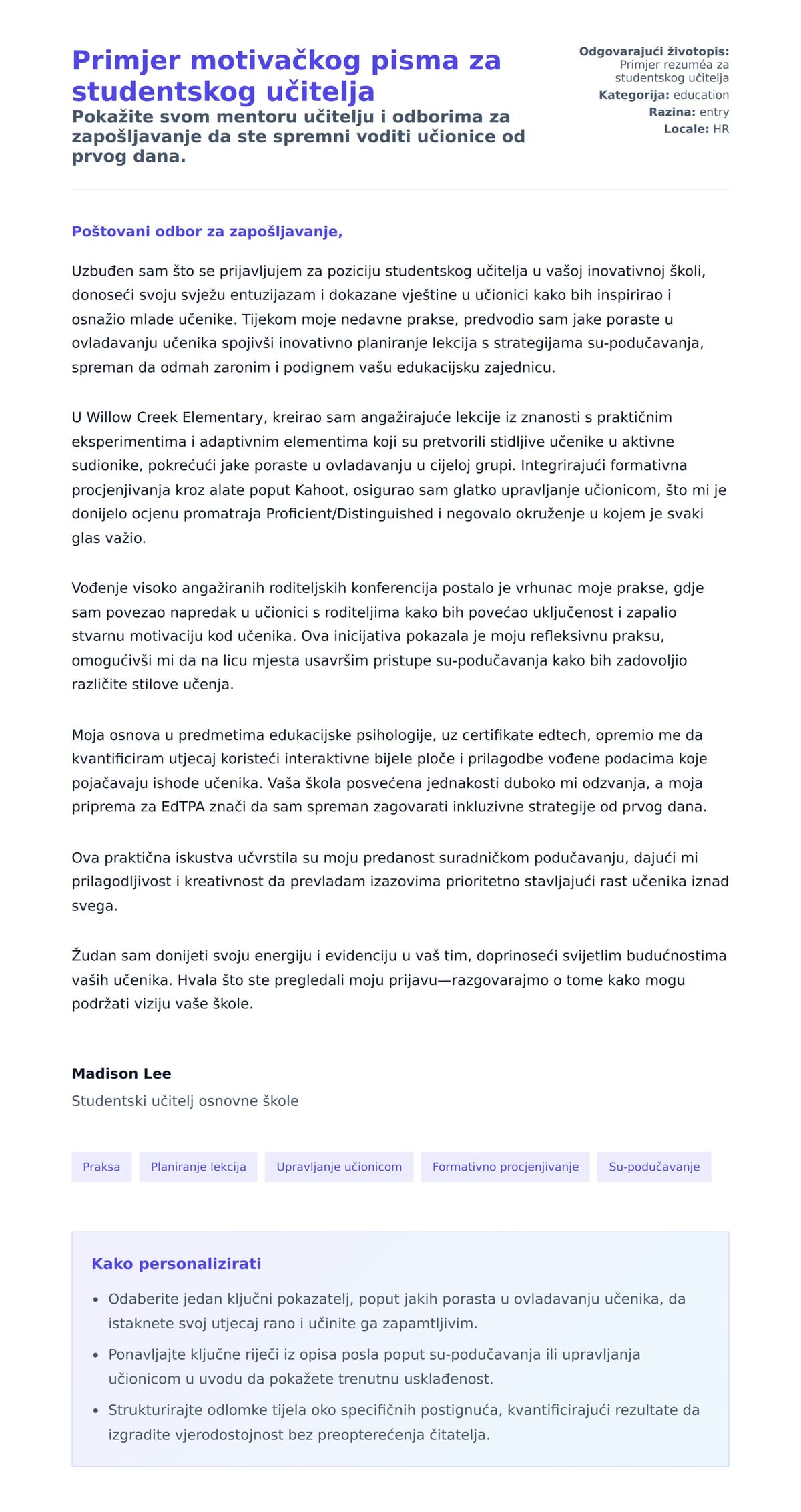 Pregled motivacijskog pisma za Primjer motivačkog pisma za studentskog učitelja