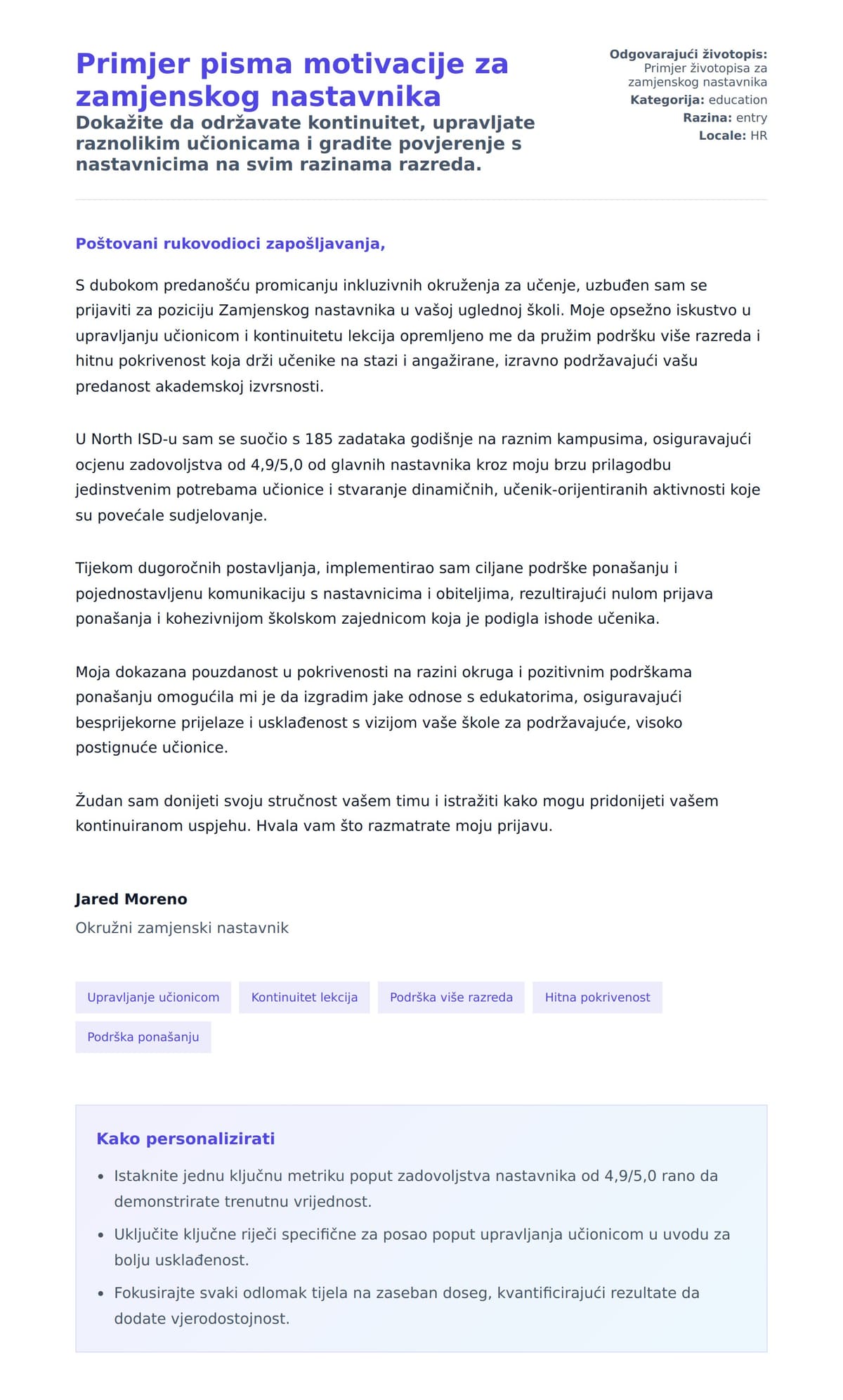 Pregled motivacijskog pisma za Primjer pisma motivacije za zamjenskog nastavnika