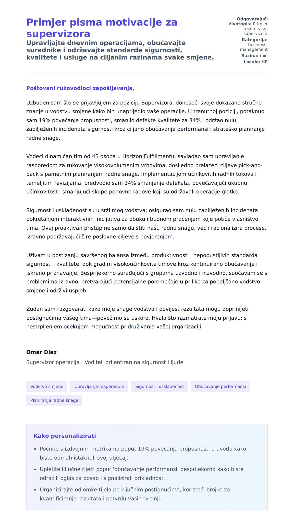 Pregled motivacijskog pisma za Primjer pisma motivacije za supervizora