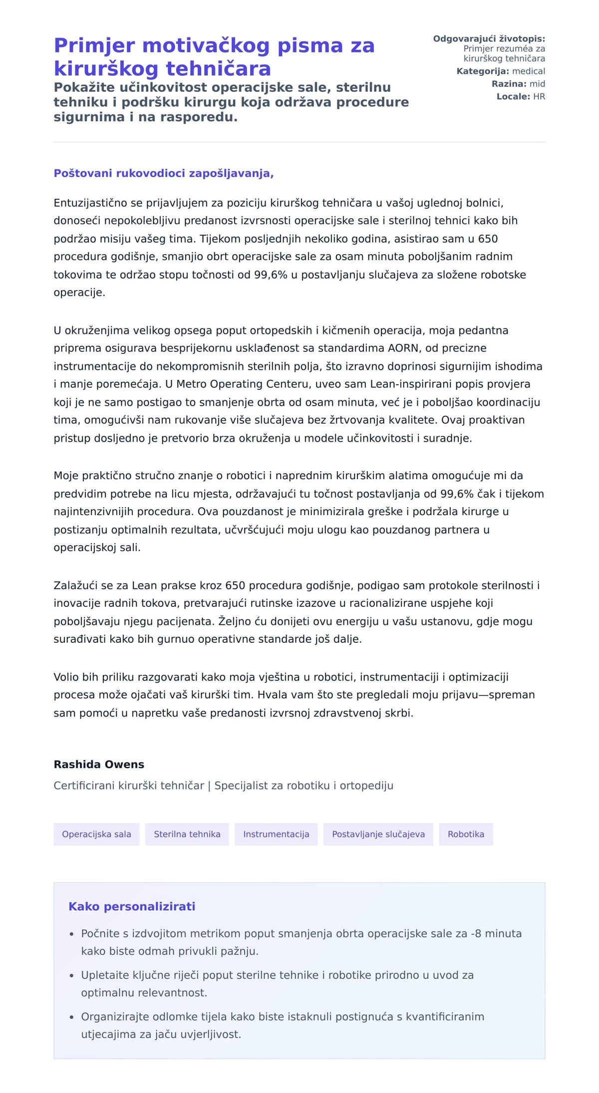 Pregled motivacijskog pisma za Primjer motivačkog pisma za kirurškog tehničara