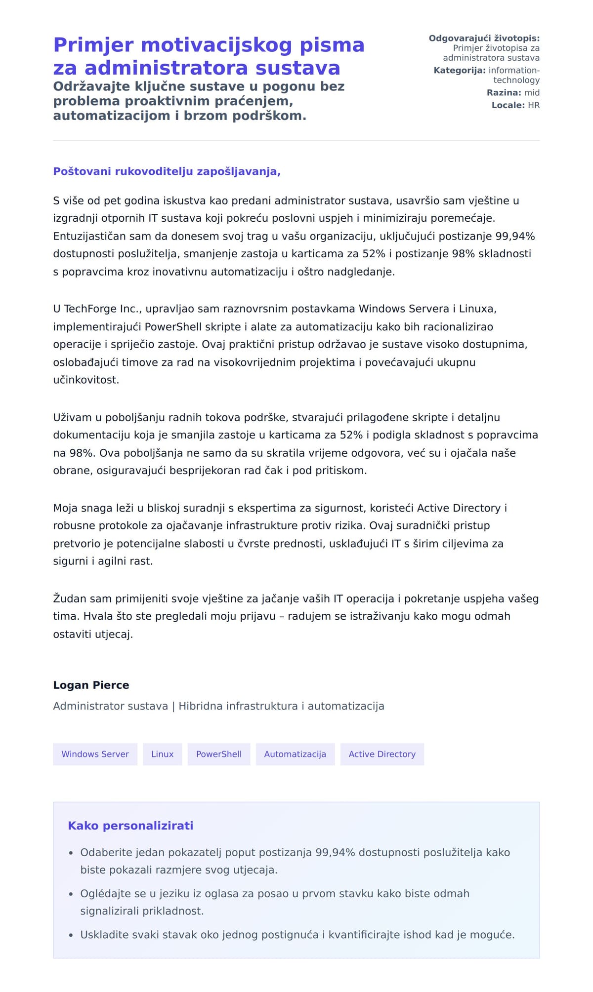 Pregled motivacijskog pisma za Primjer motivacijskog pisma za administratora sustava