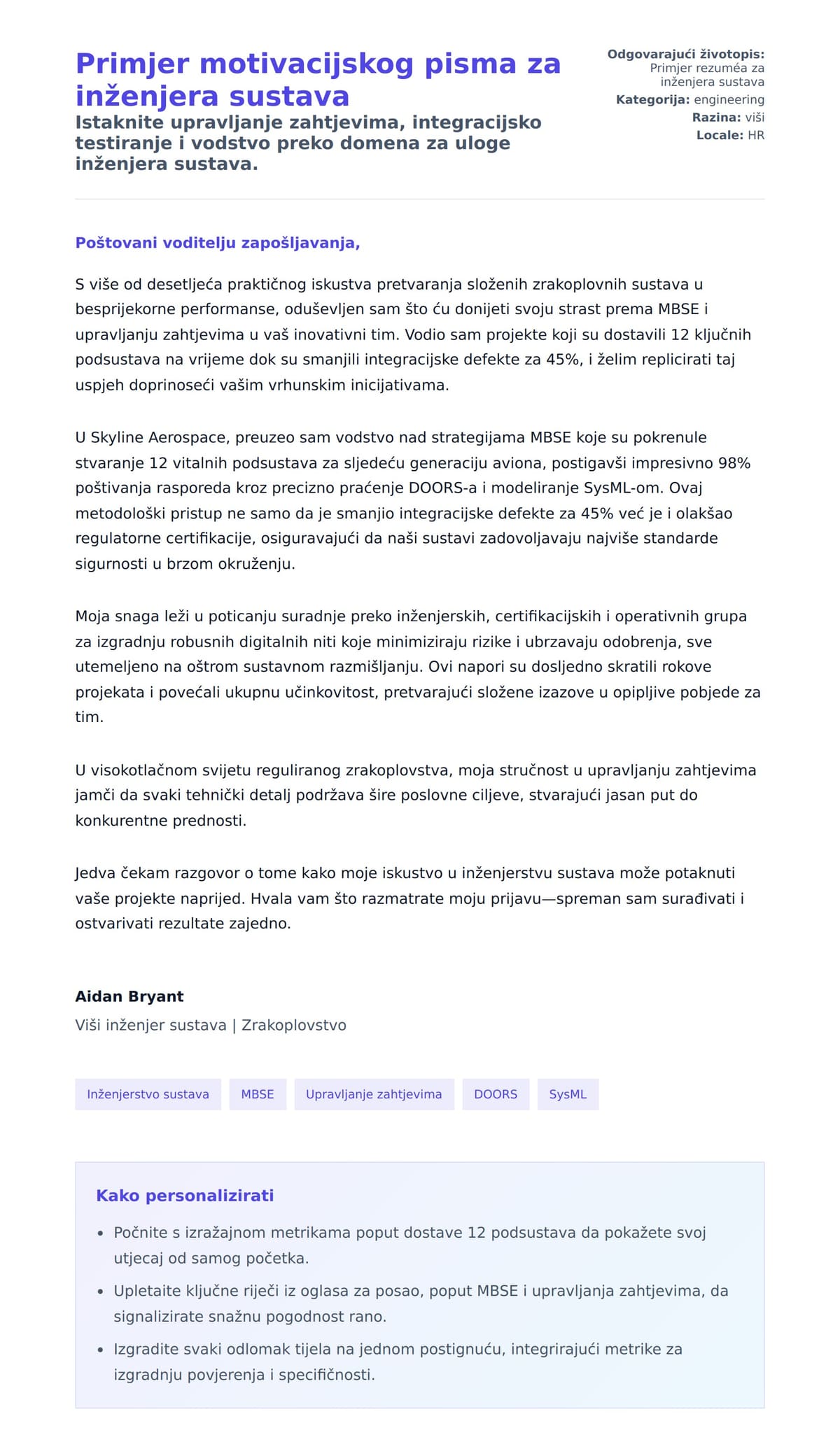 Pregled motivacijskog pisma za Primjer motivacijskog pisma za inženjera sustava