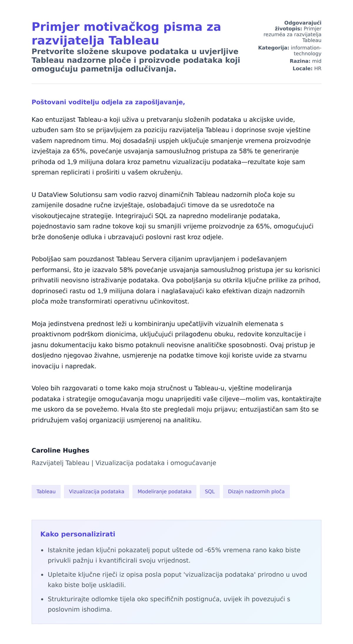 Pregled motivacijskog pisma za Primjer motivačkog pisma za razvijatelja Tableau
