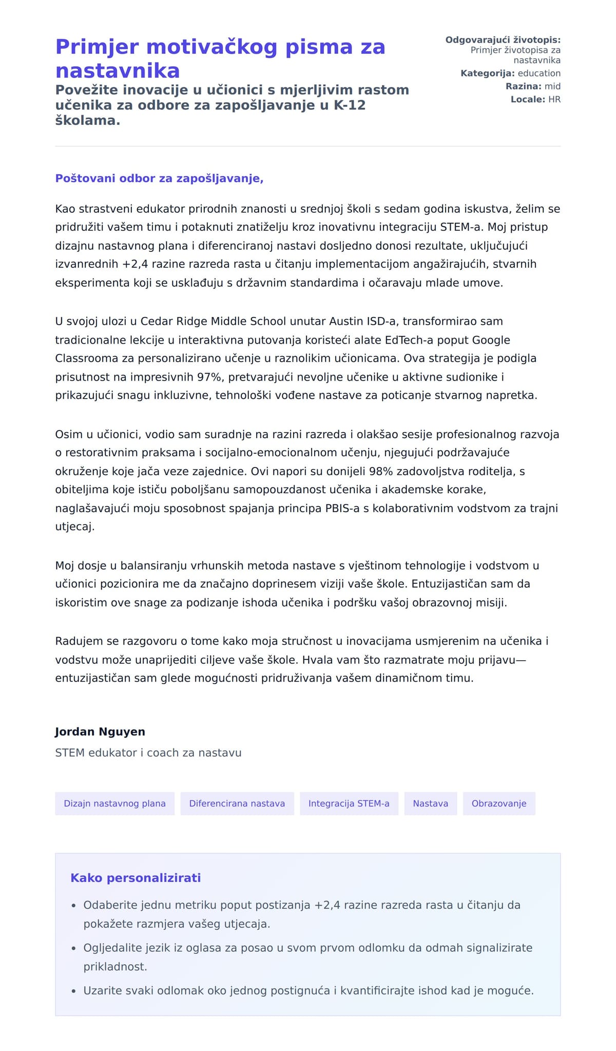 Pregled motivacijskog pisma za Primjer motivačkog pisma za nastavnika