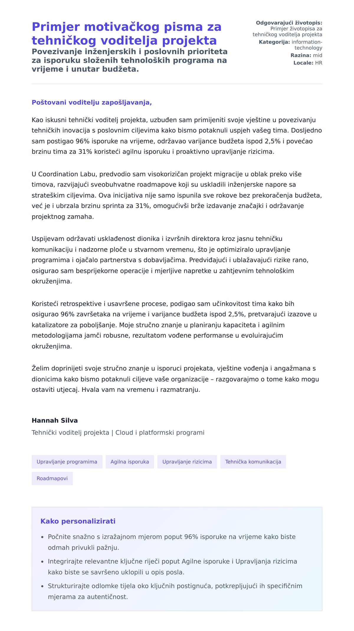 Pregled motivacijskog pisma za Primjer motivačkog pisma za tehničkog voditelja projekta