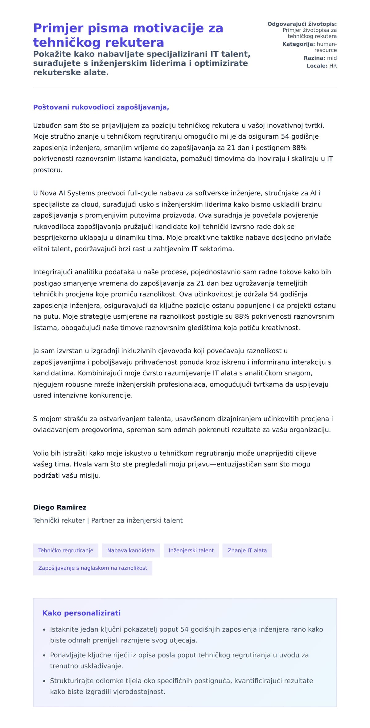 Pregled motivacijskog pisma za Primjer pisma motivacije za tehničkog rekutera