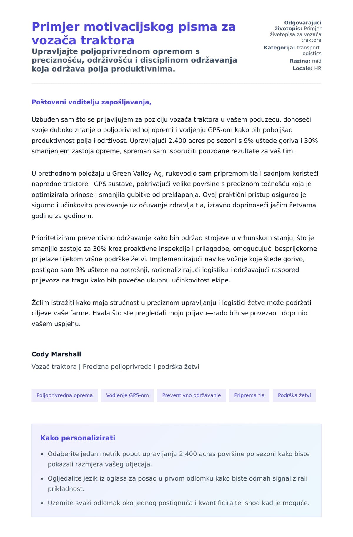 Pregled motivacijskog pisma za Primjer motivacijskog pisma za vozača traktora