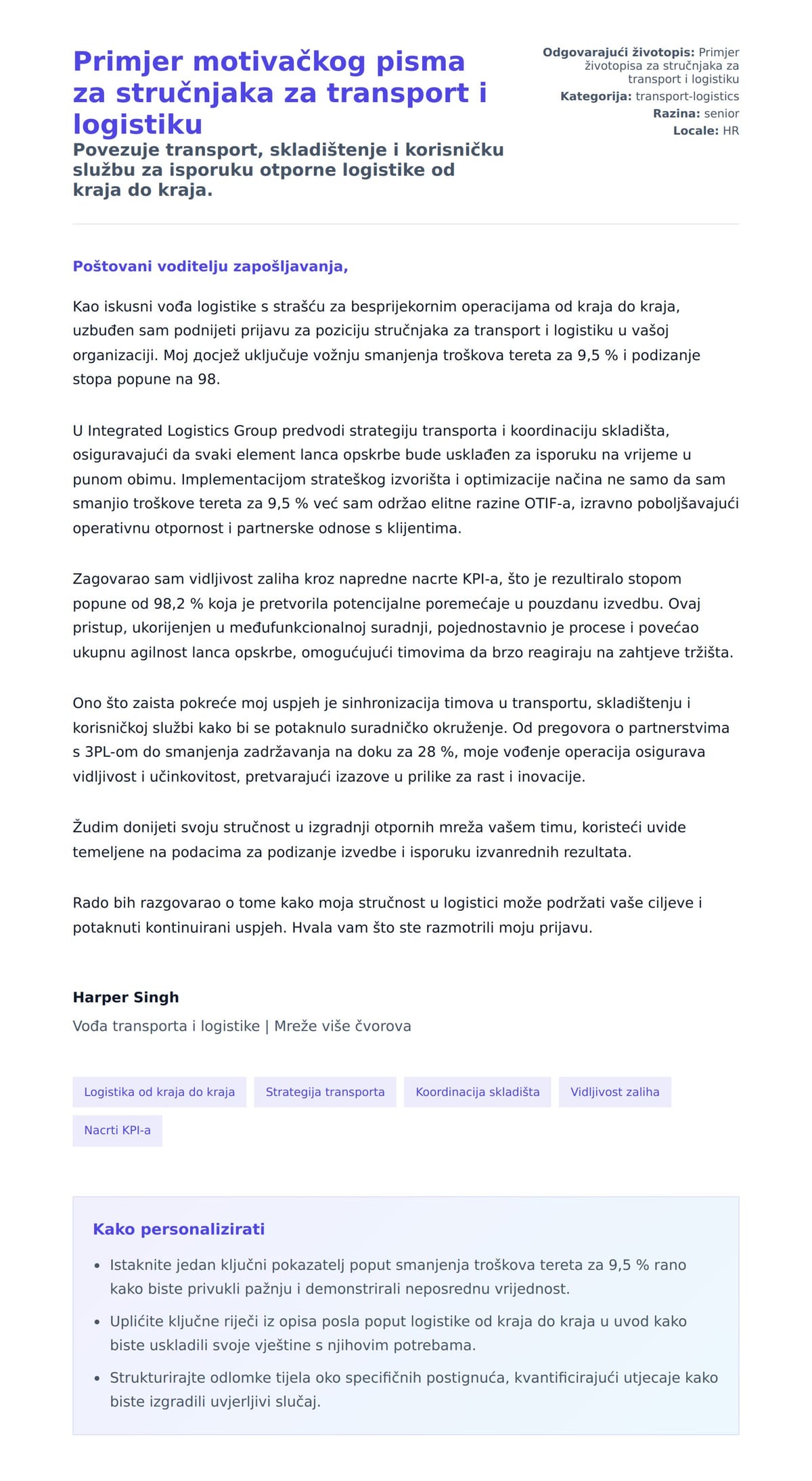 Pregled motivacijskog pisma za Primjer motivačkog pisma za stručnjaka za transport i logistiku