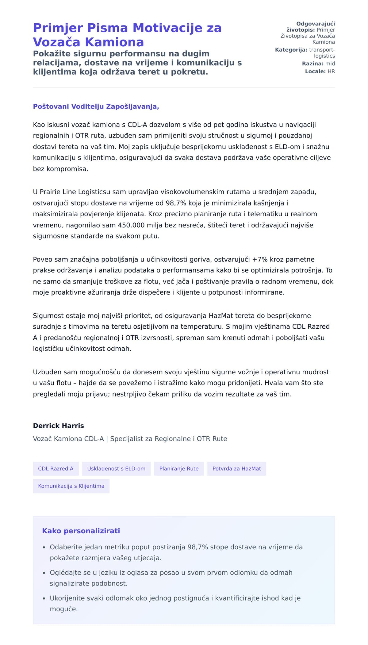 Pregled motivacijskog pisma za Primjer Pisma Motivacije za Vozača Kamiona