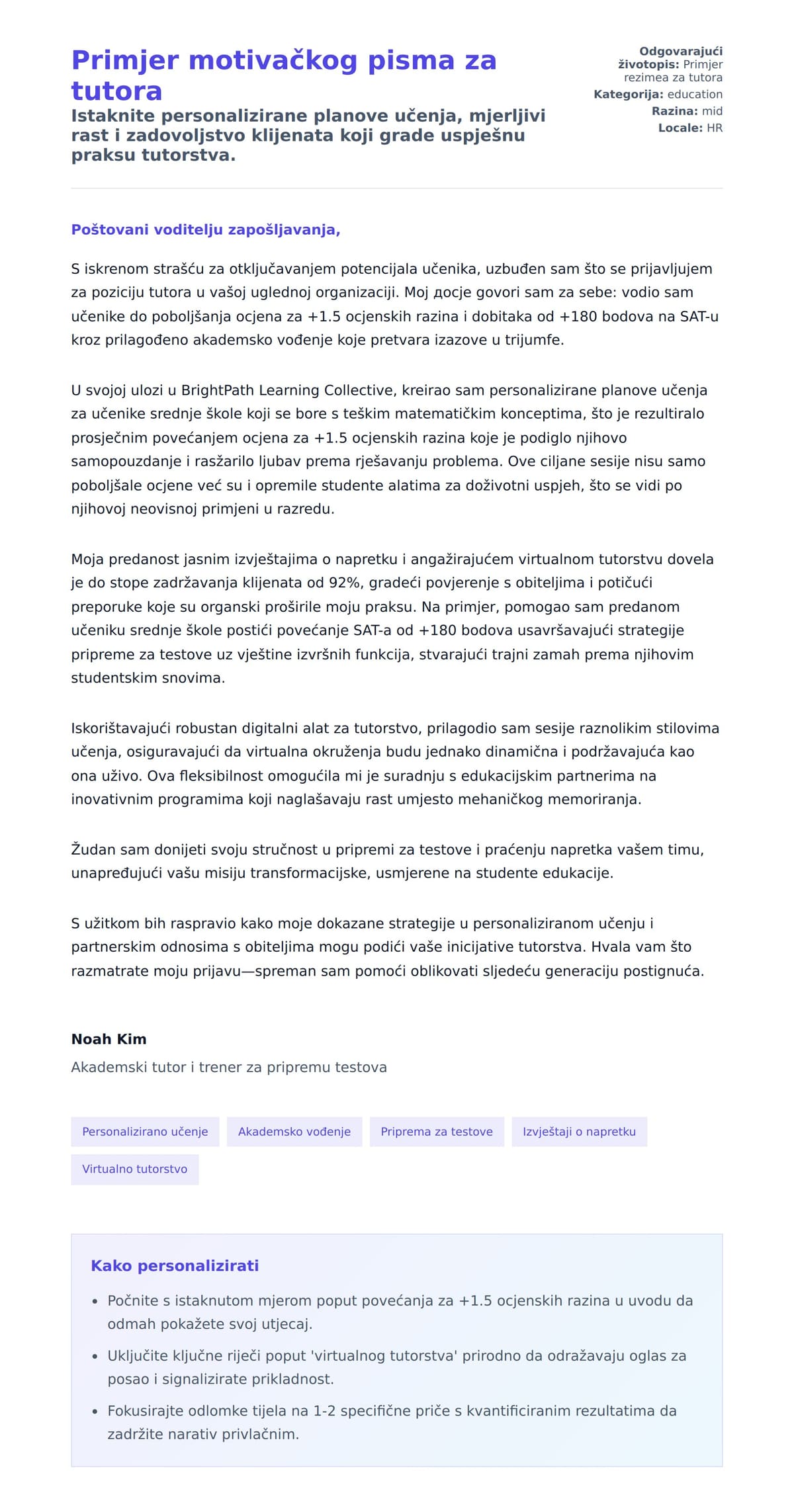 Pregled motivacijskog pisma za Primjer motivačkog pisma za tutora