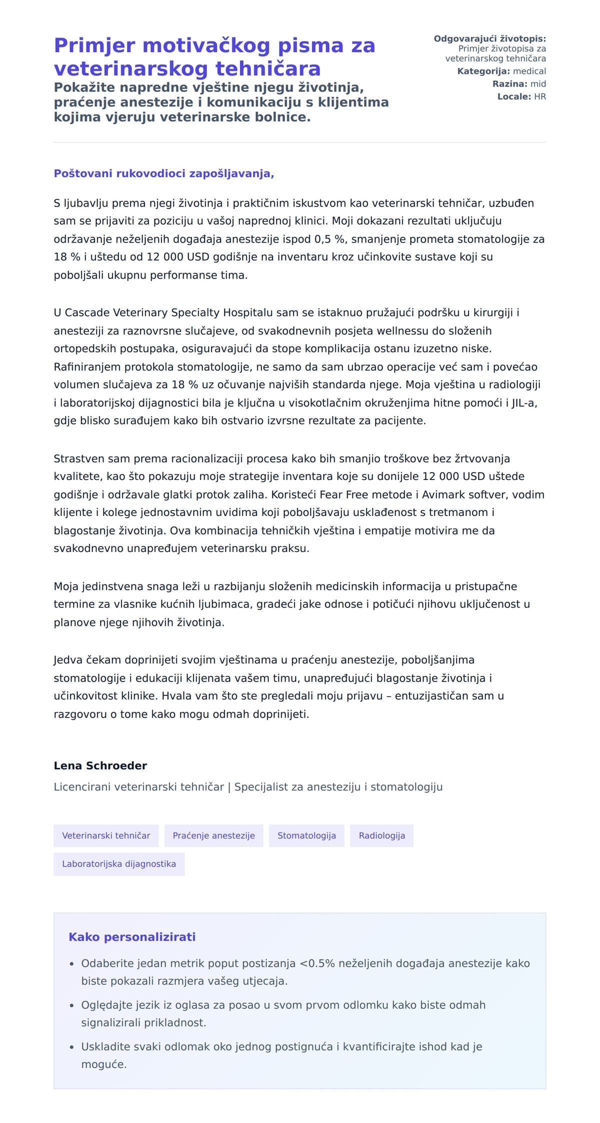 Pregled motivacijskog pisma za Primjer motivačkog pisma za veterinarskog tehničara