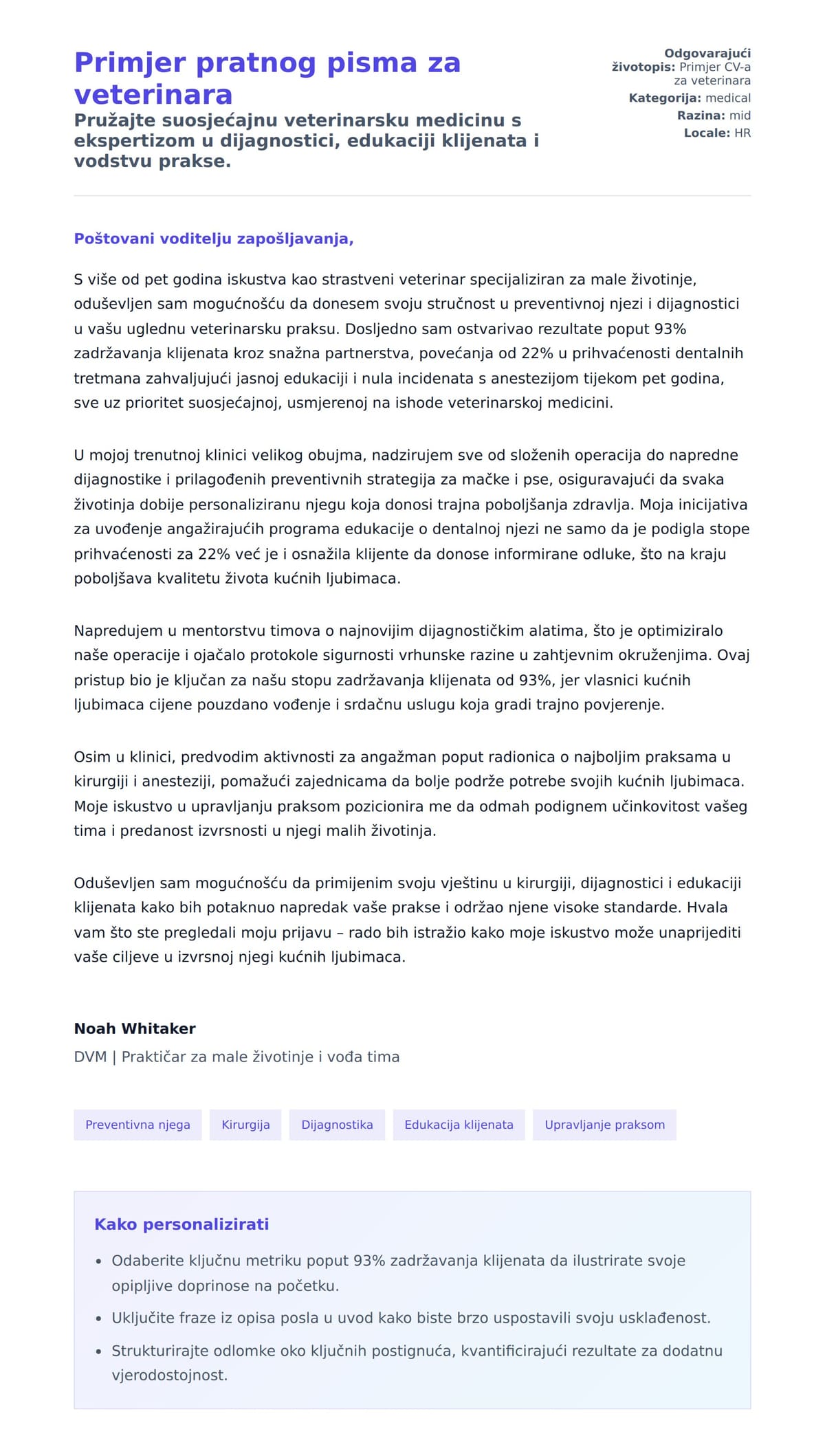 Pregled motivacijskog pisma za Primjer pratnog pisma za veterinara