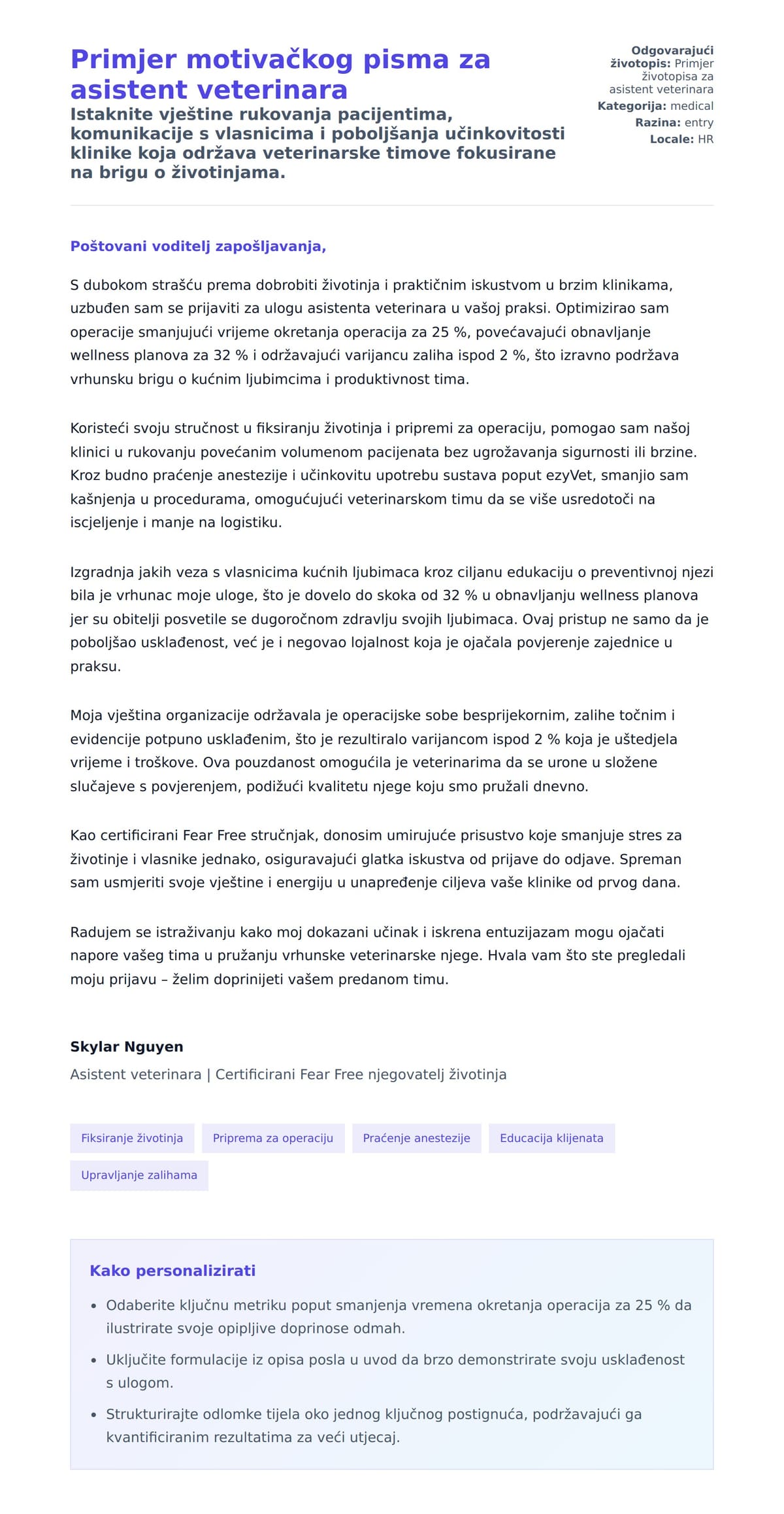Pregled motivacijskog pisma za Primjer motivačkog pisma za asistent veterinara